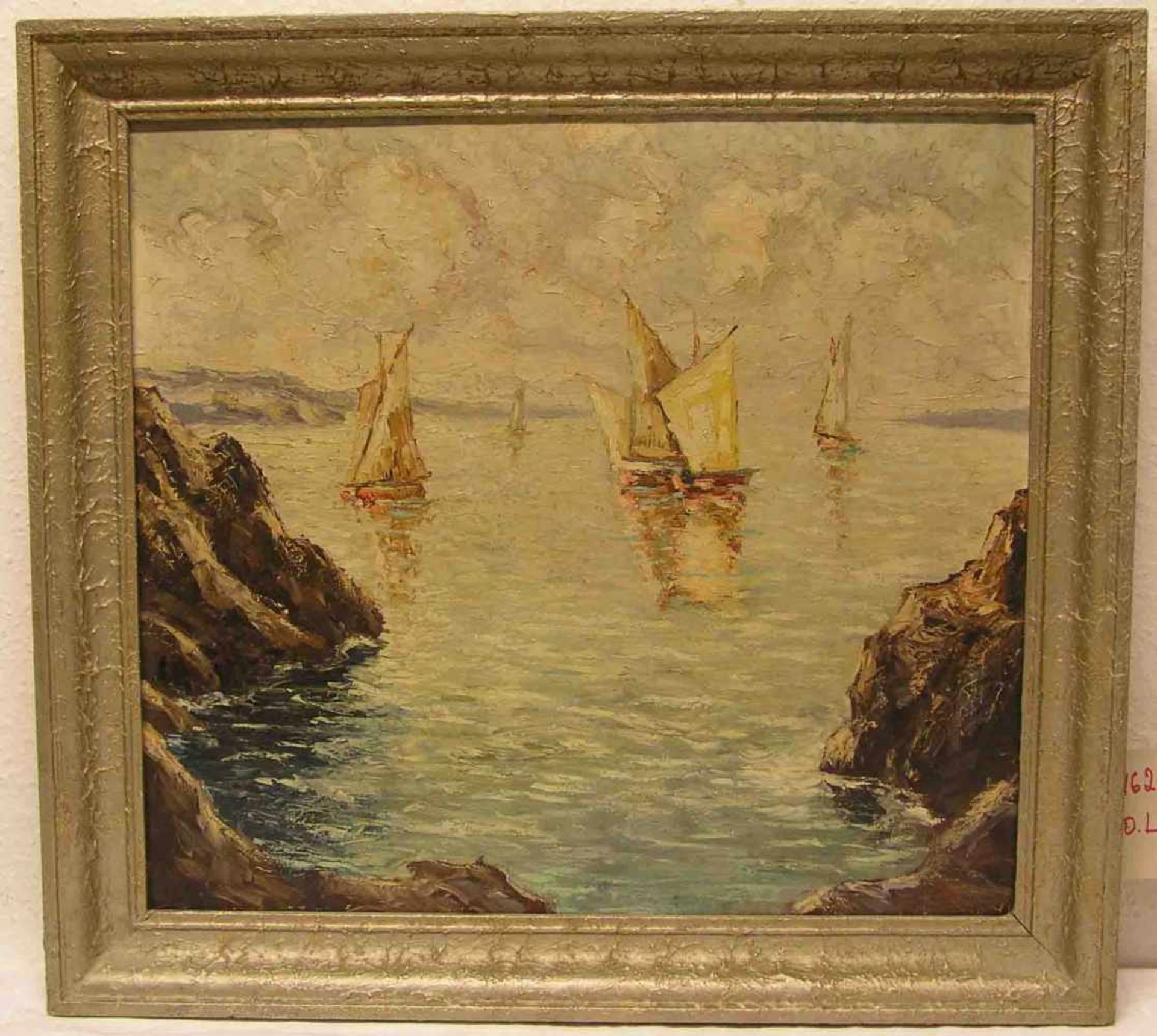 "Segelschiffe in der Bucht". Öl/Lwd. 57 x 63cm, Rahmen.