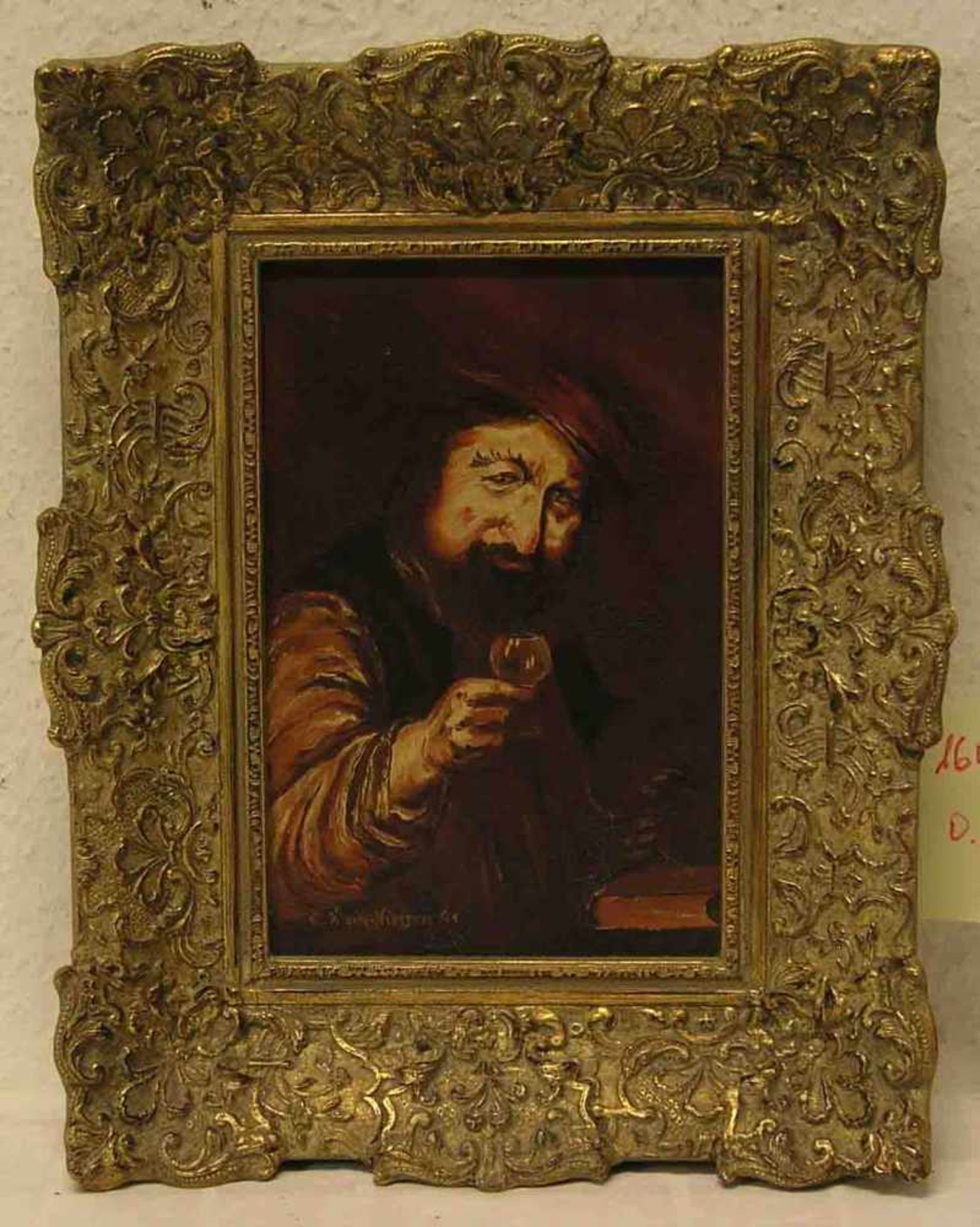 Klein-Nigssen: "Der Weintrinker". Öl/Holz, signiert. 24 x 15cm, Rahmen.