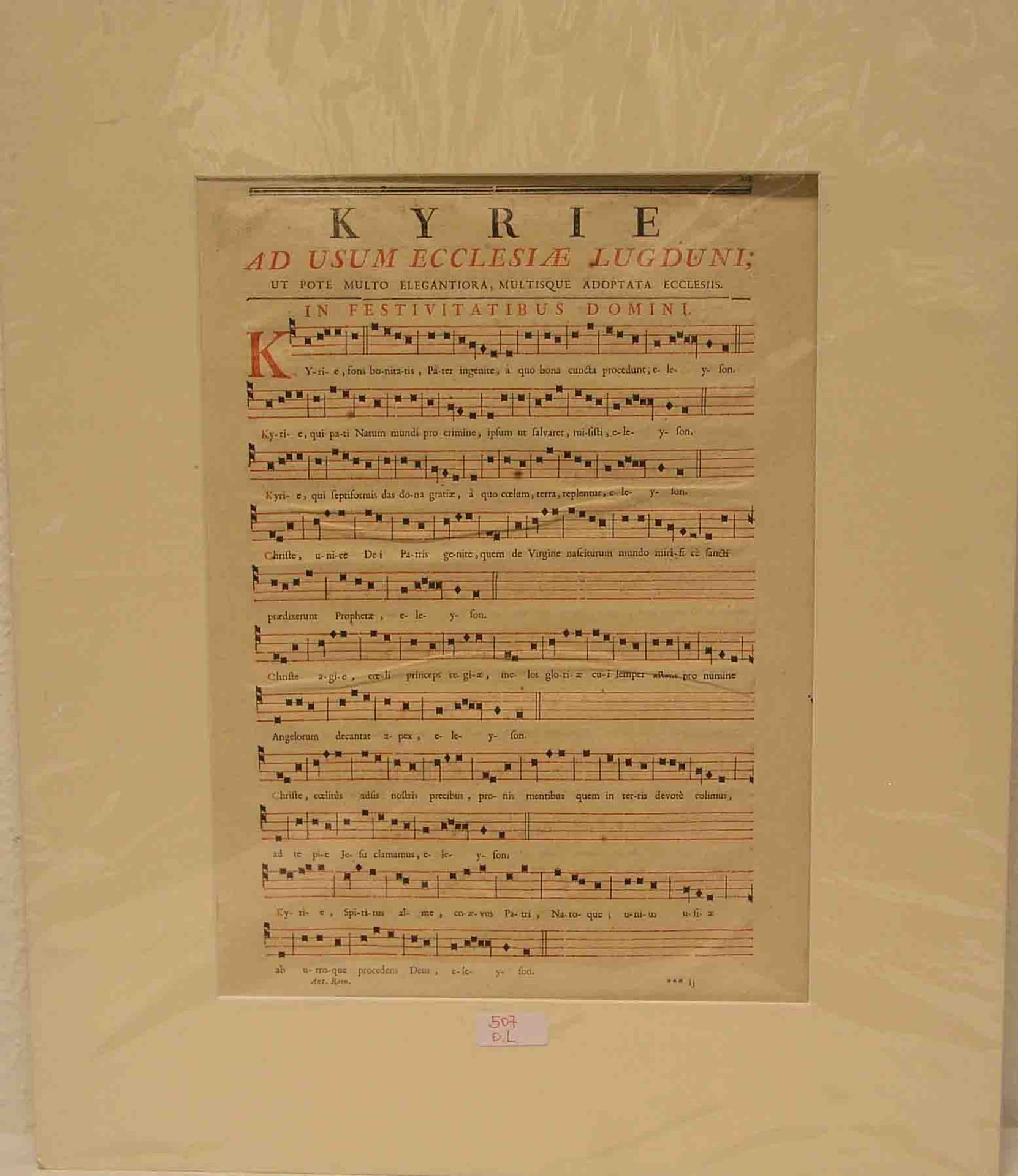 Notenblatt um 1750. Kupferstich in Schwarz und Rot auf Bütten. Verso ebenso. 48,7 x31,5cm. Pass.