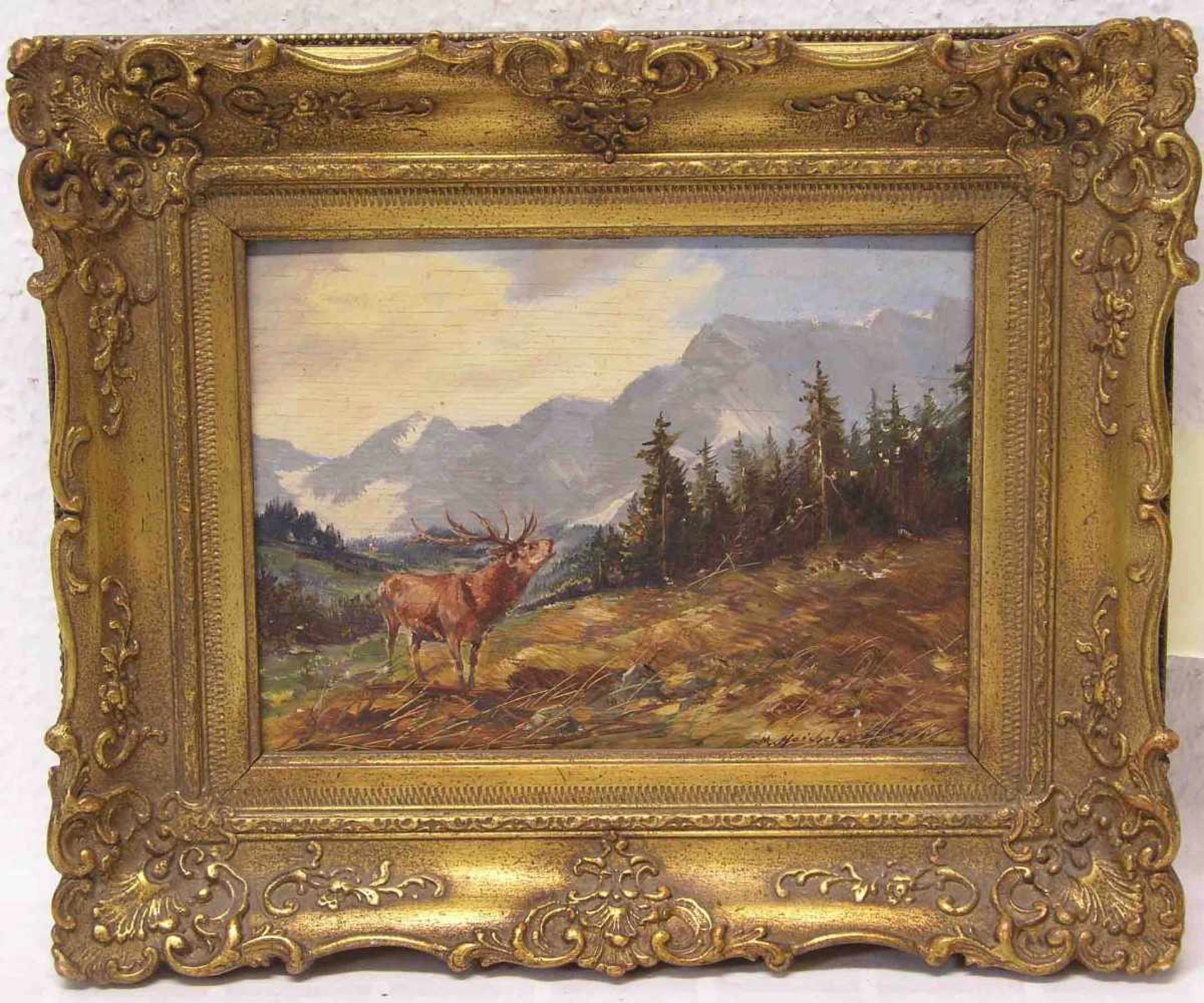 Heichele: "Röhrender Hirsch". Öl/Platte, signiert. 17 x 23cm, Rahmen.