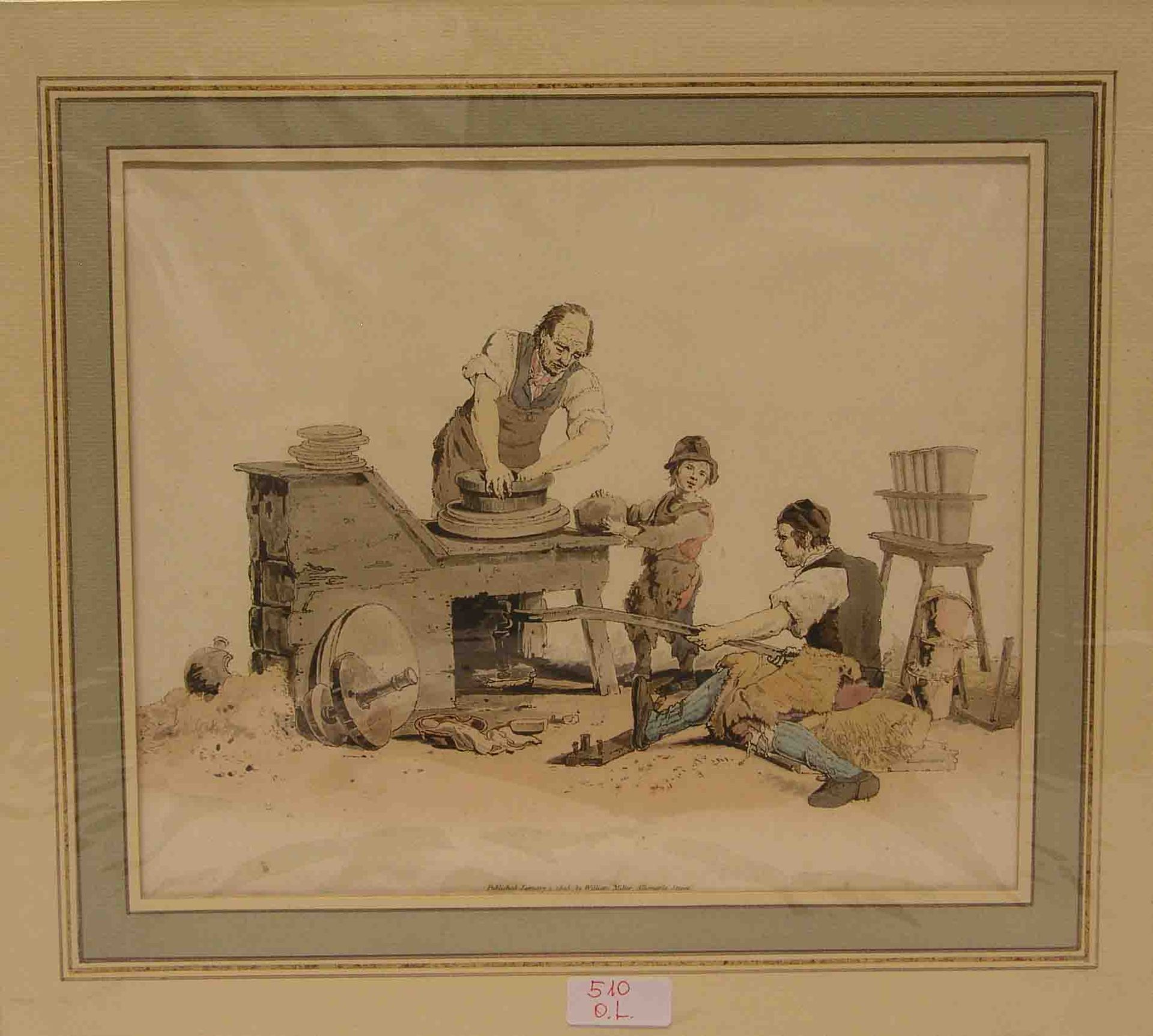 Radnabenschmied mit Gehilfen bei der Arbeit. Aquatintaradierung, London 1805, 25,5 x 35cm,Pass.