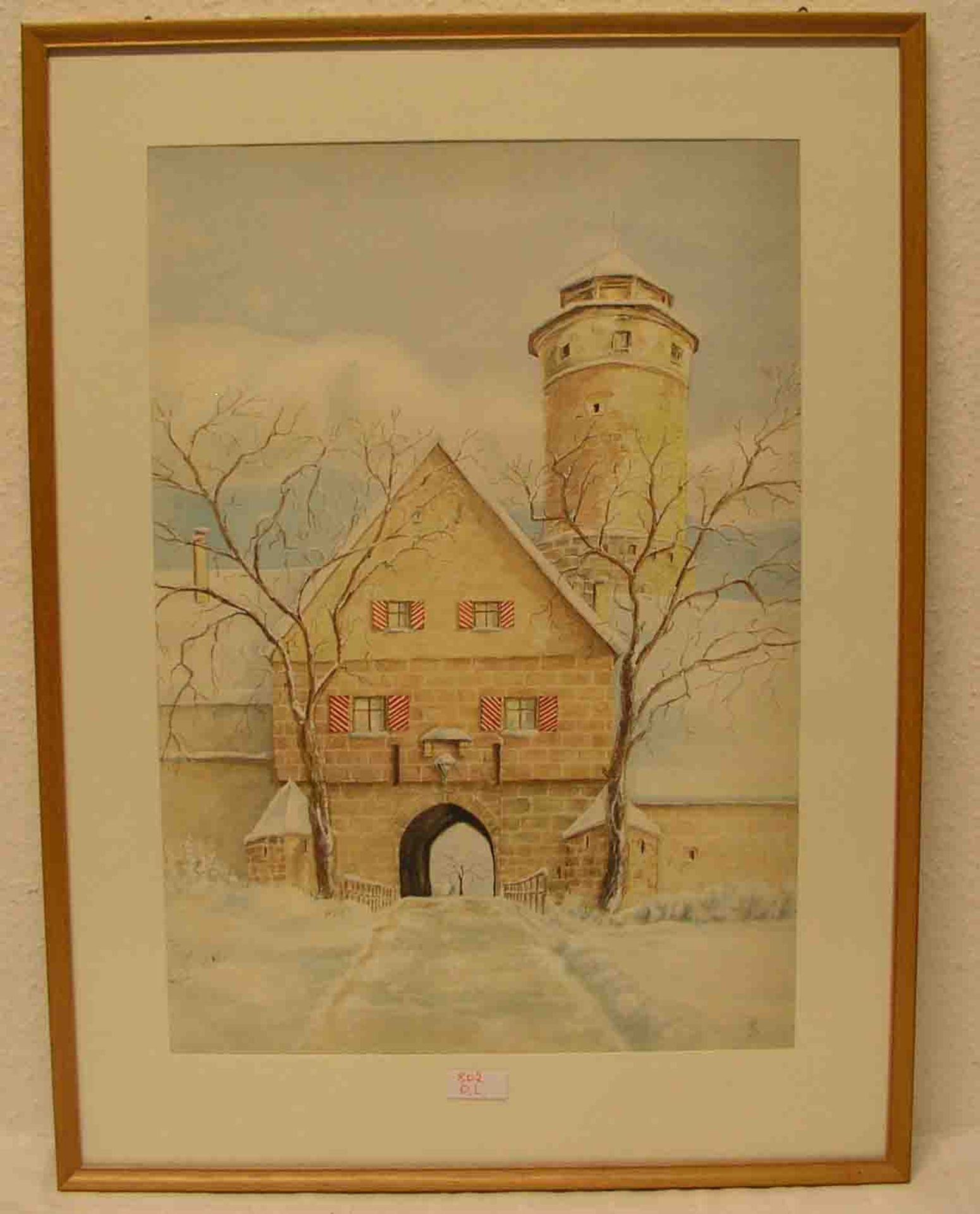 Bamberg: "Die Altenburg im Winter". Deckfarben auf Papier, monogrammiert (Hans Haertl), 52x 36cm,