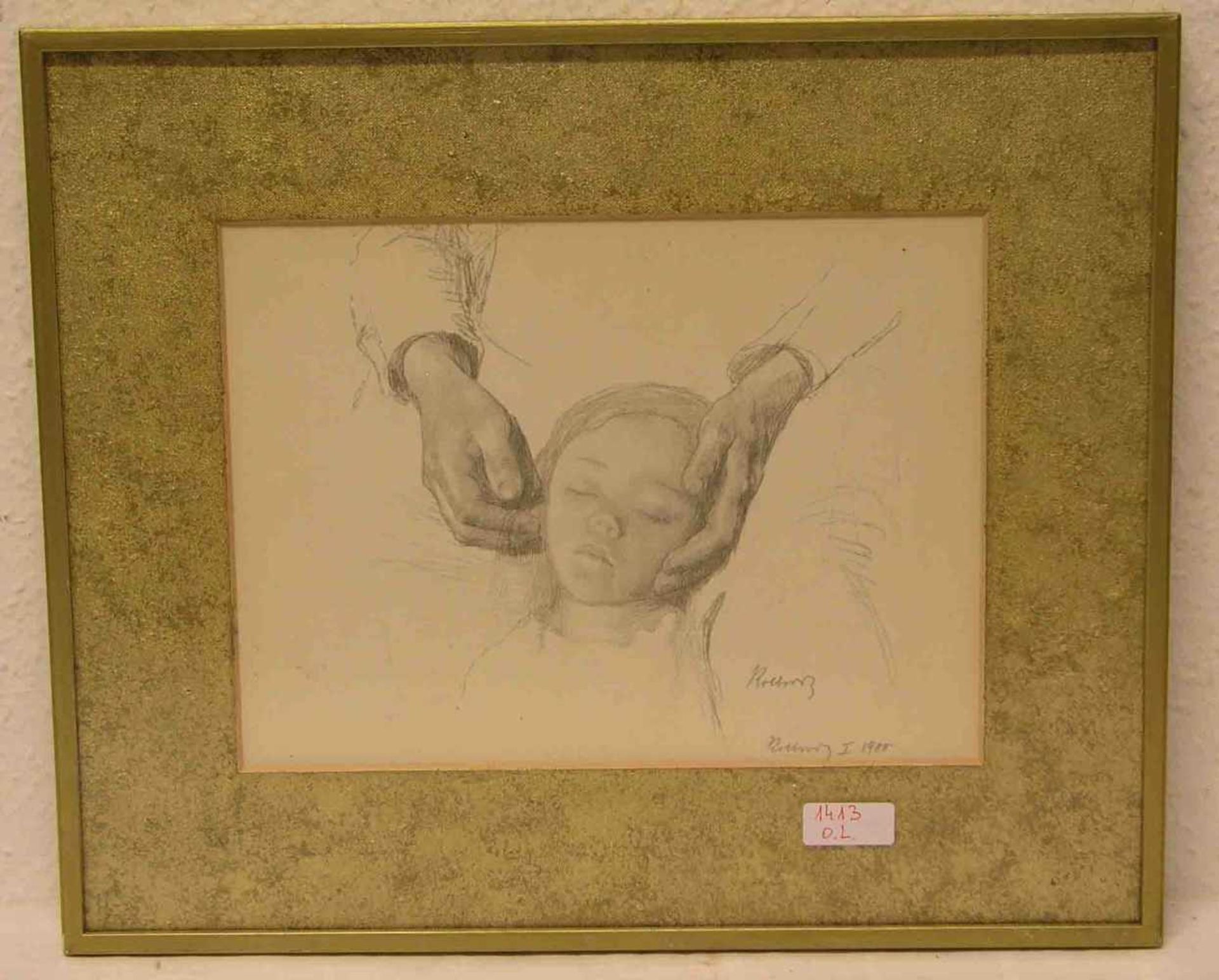 "Mädchen bei Kopfmassage". Bleistiftzeichnung, unleserlich signiert, 1900. 21 x 28cm,Rahmen mit