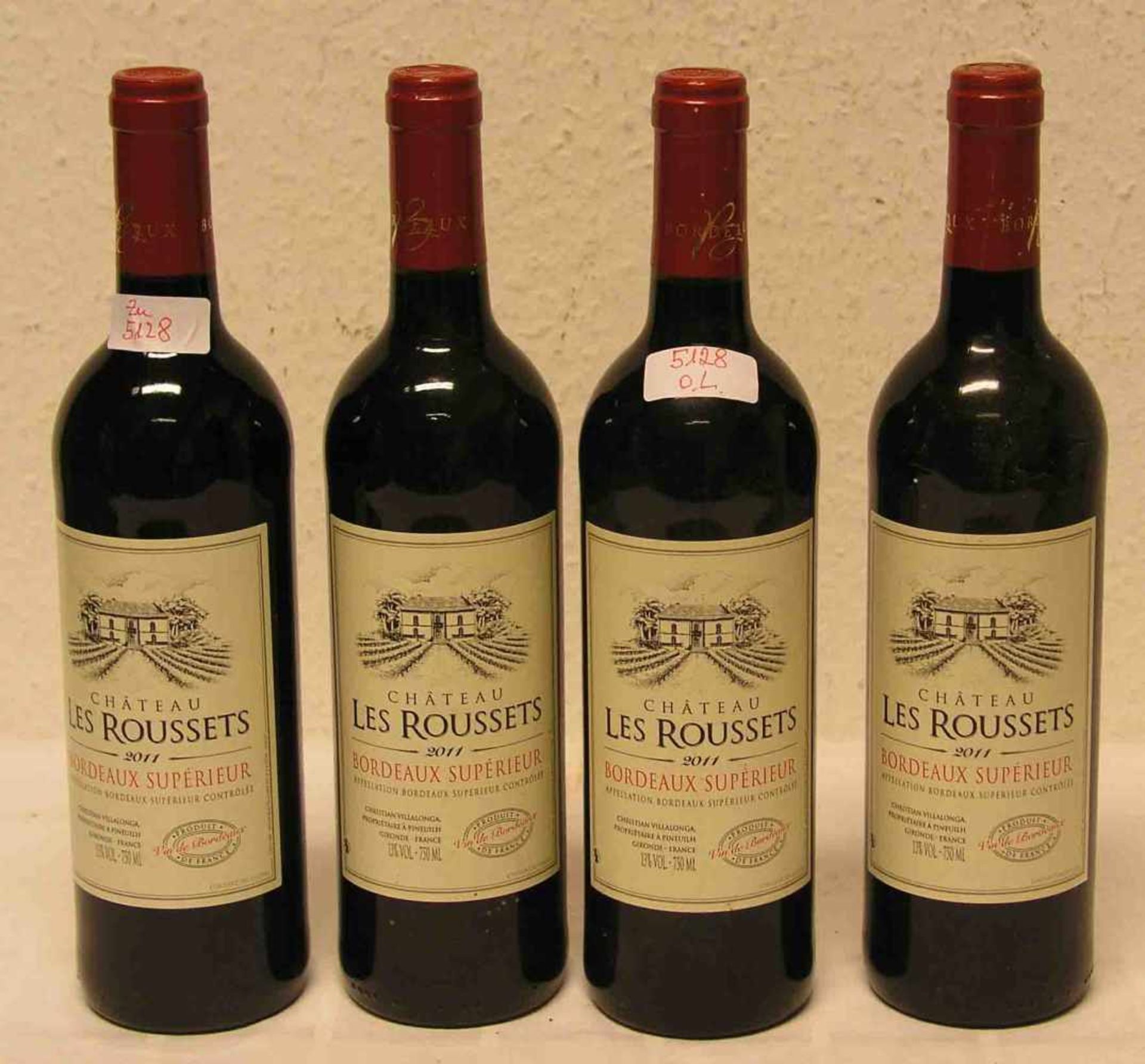 Vier Flaschen Rotwein. Château Les Roussets. Bordeaux Supérieur, 2011.