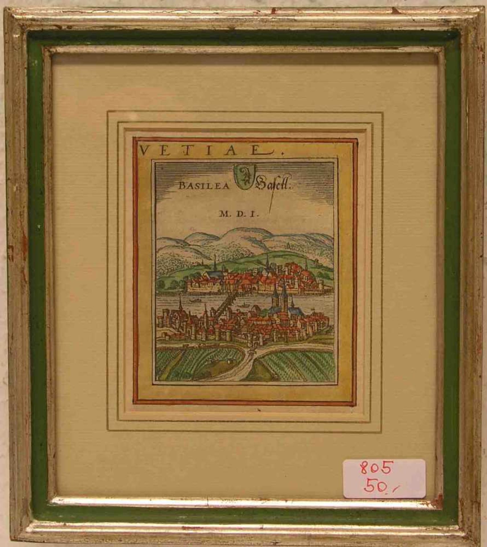 "Basel - Basilea". Kolorierter Kupferstich aus Braun und Hogenberg, Köln, 1572. 11 x9,5cm, Rahmen