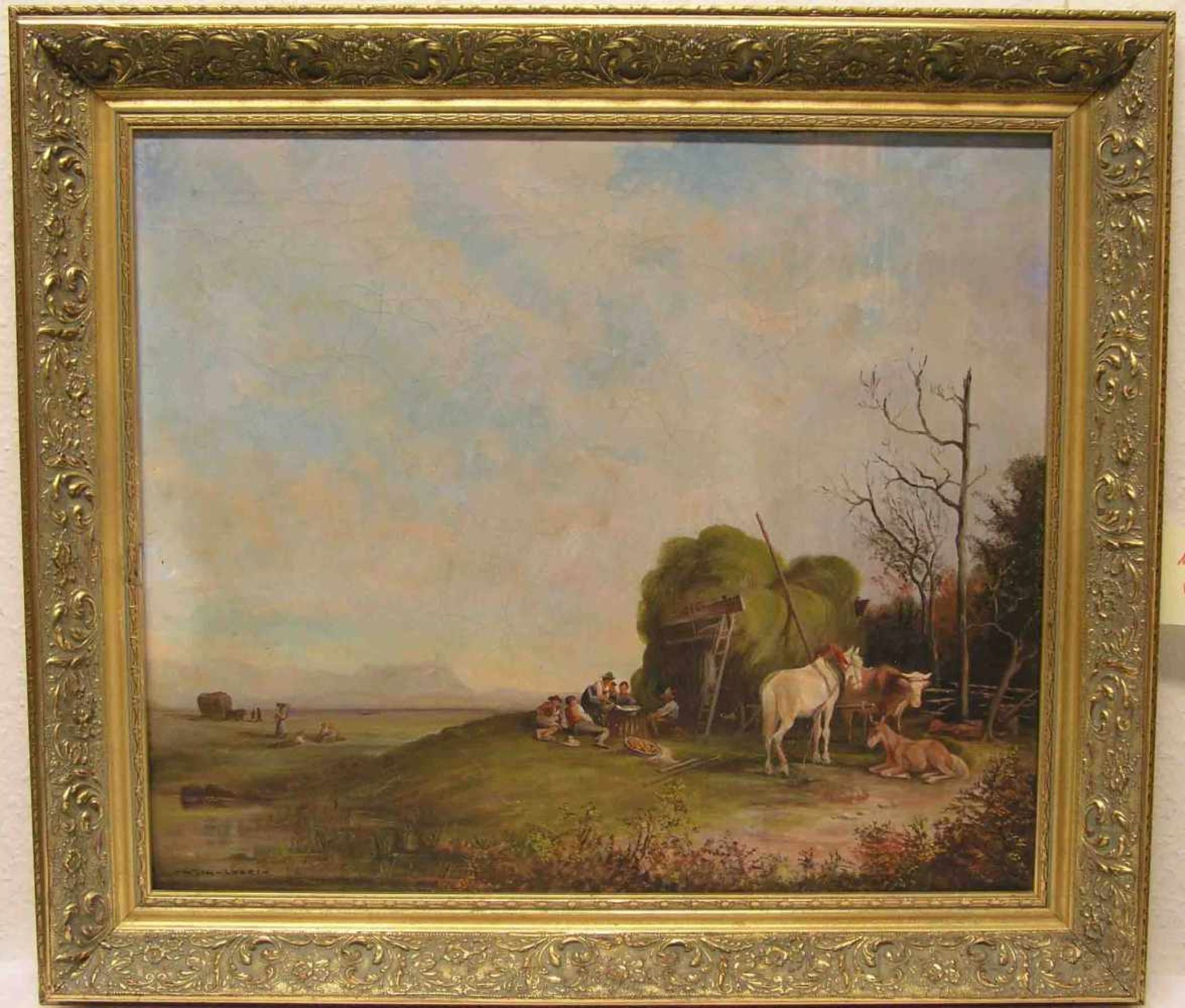 Lösel, Wilhelm: "Landschaft mit Heuwagen und Personenstaffage". Öl/Lwd., signiert, 60x70cm. Rahmen.