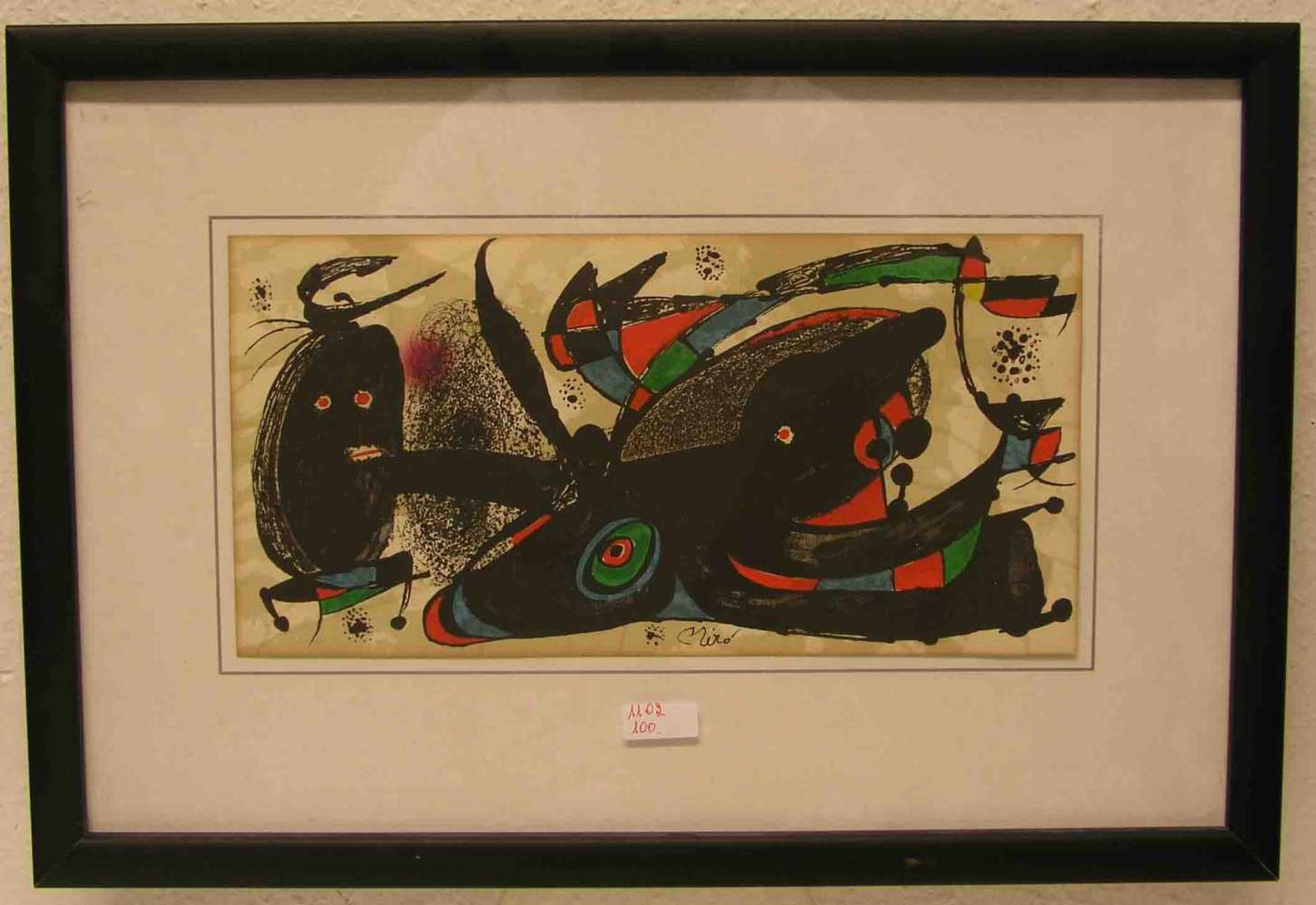 Miro: "Moderne Komposition". Farblitho, in der Platte signiert, 20 x 39cm, Rahmen mitGlas.