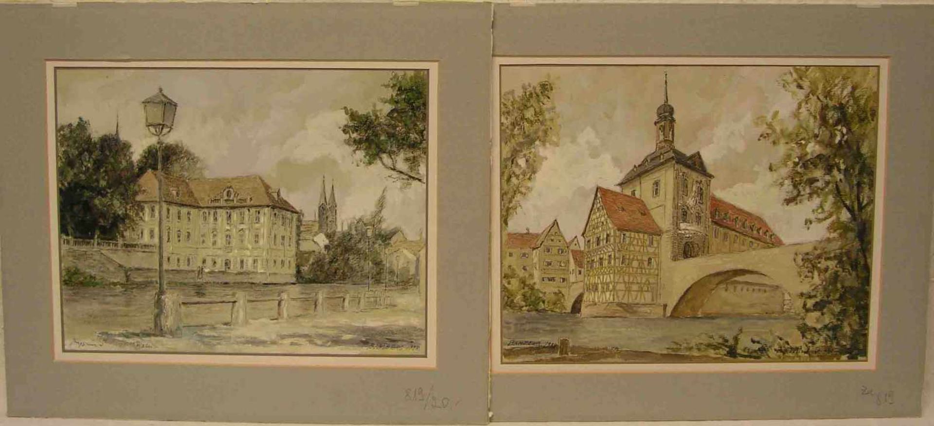 "Bamberg". Zwei Aquarelle. Dabei: "An der Concordia" und "Das Alte Rathaus". Unleserlichsigniert,
