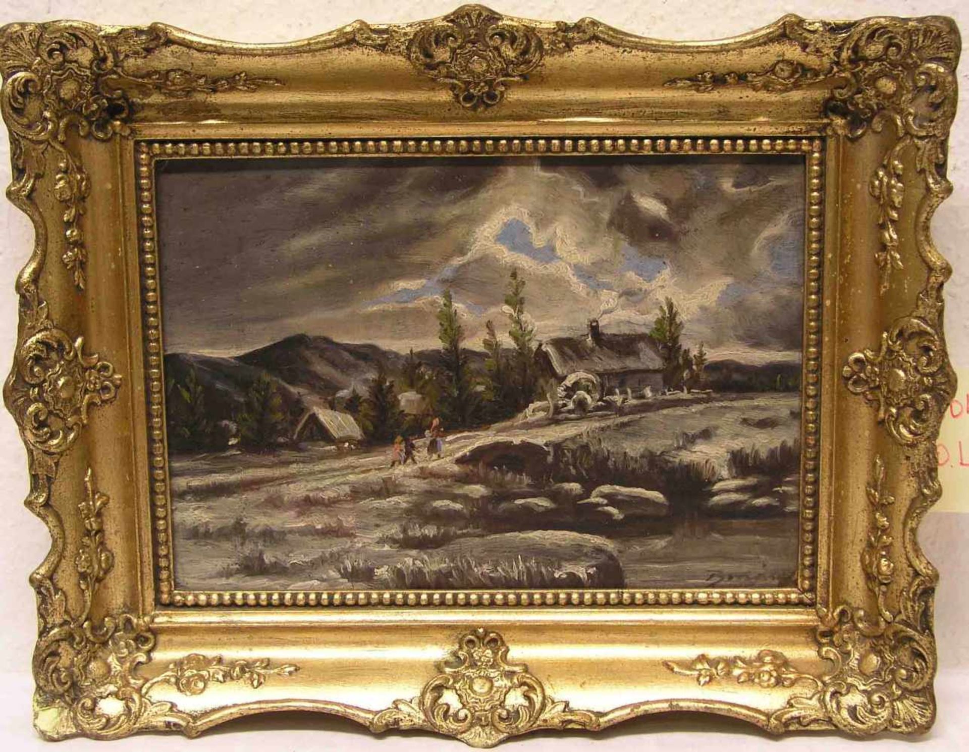 "Dorfrand im Winter mit Personenstaffage". Öl/Malkarton, unleserlich signiert, 23 x 33cm,Rahmen.