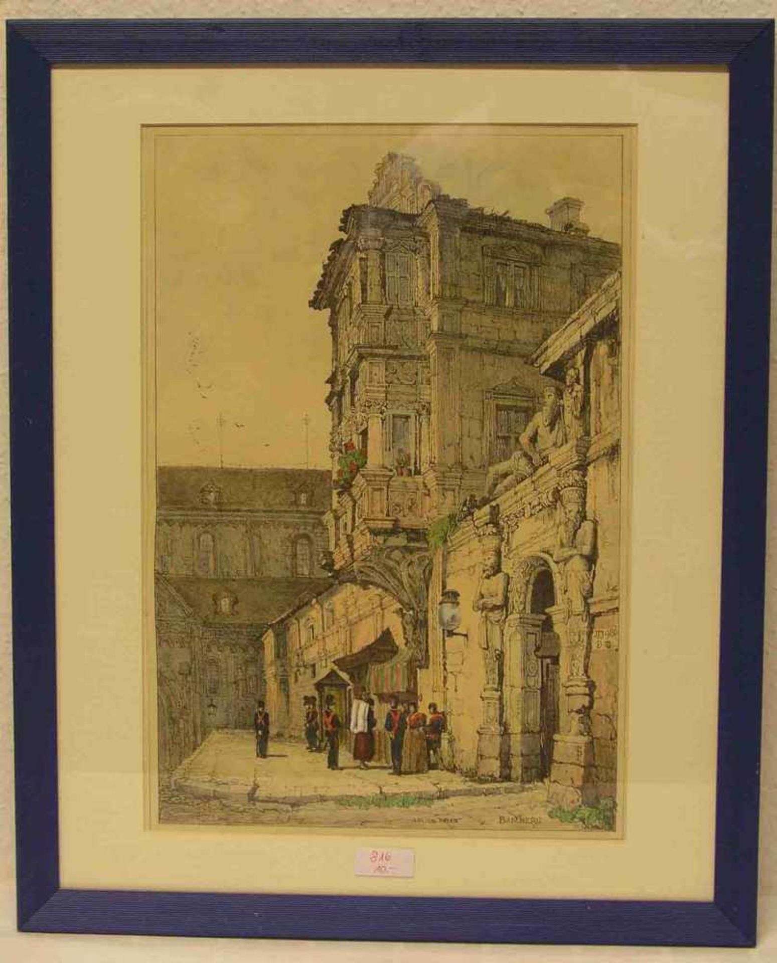 "Bamberg: Vor der alten Hofhaltung". Mit Personenstaffage. Farblithografie, 42 x 29cm.