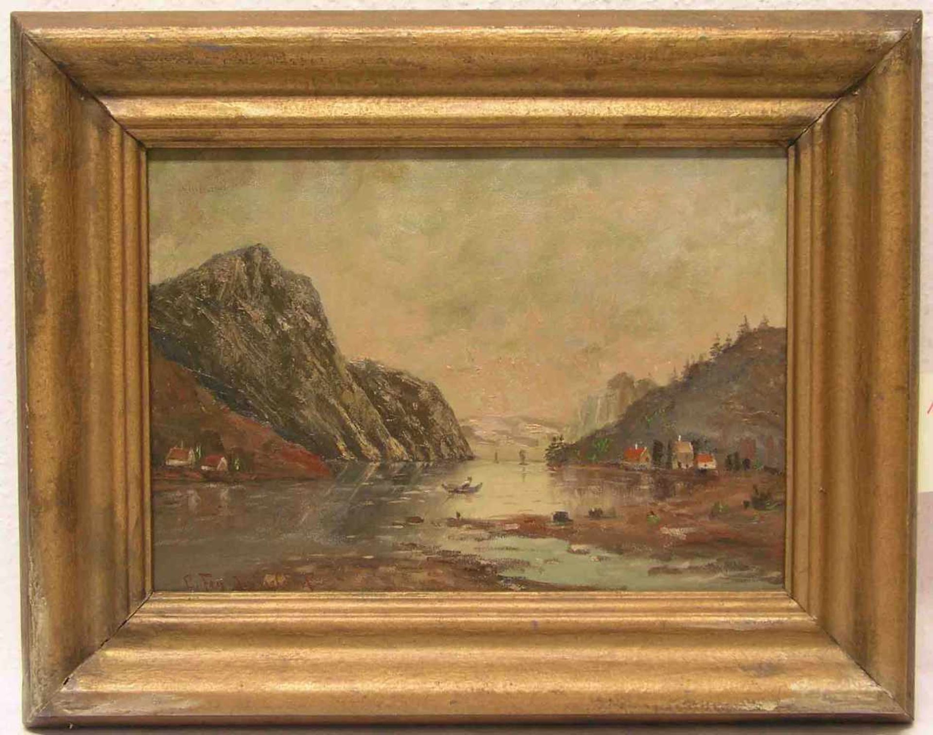 Fey, Carl (1867 - 1939): "Bergsee mit Kahn". Öl/Lwd., signiert, Düsseldorf, 27 x 39cm,Rahmen.