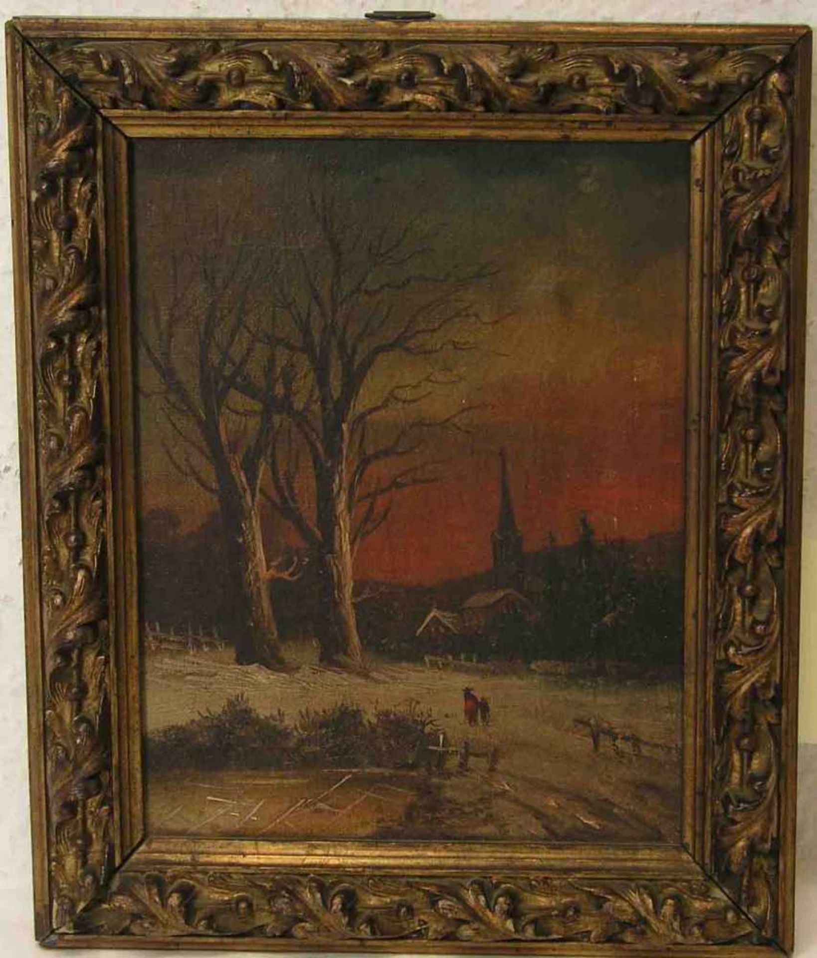 Unbekannt, um 1920: "Dorfrand beim Abendrot in winterlicher Landschaft". Öl/Lwd. 25 x19cm, Rahmen.