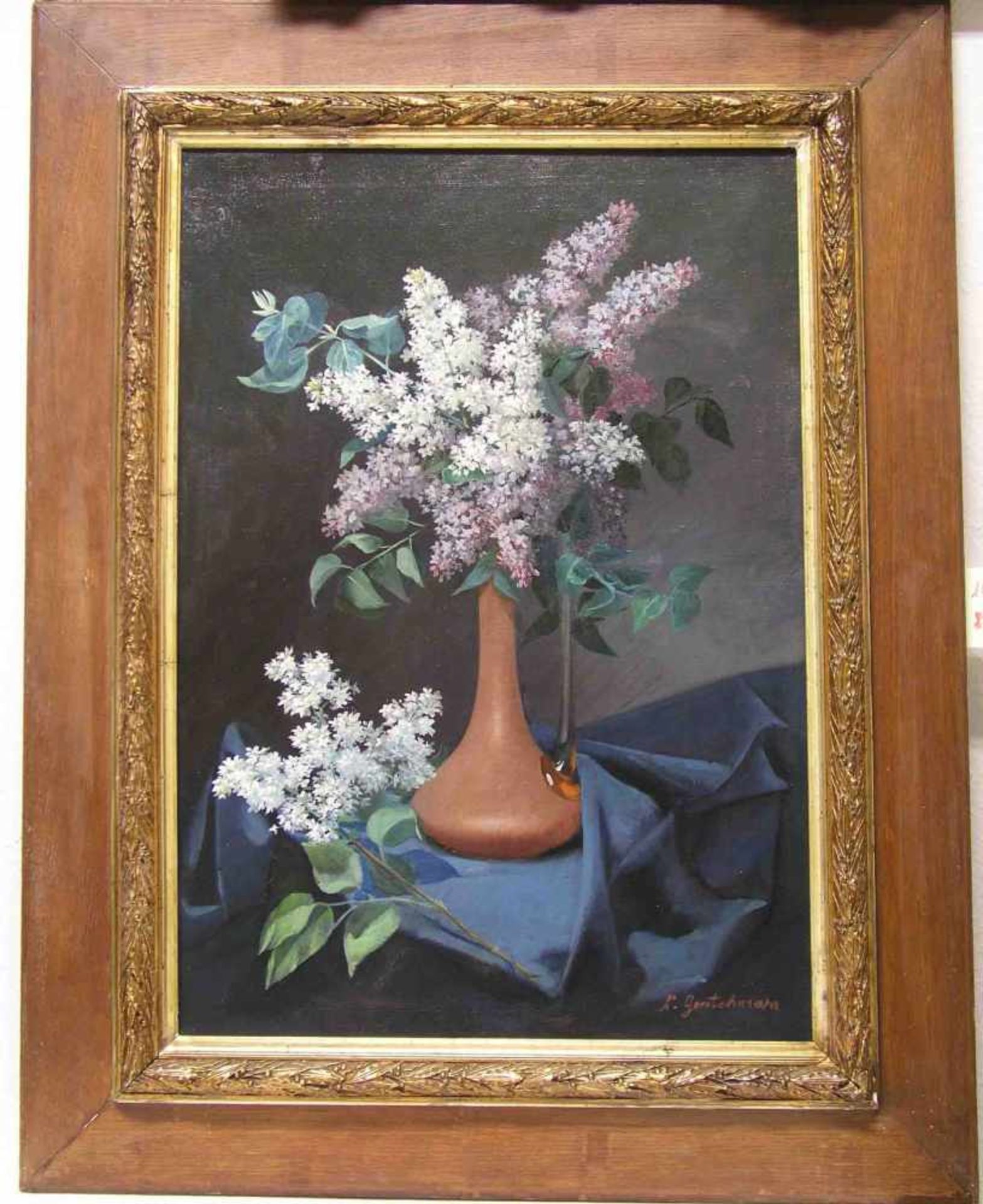 Gontscharowa, zugeschrieben: "Blumenstillleben". Öl/Lwd., bezeichnet. 83 x 58cm, Rahmen.- - -20.17 %