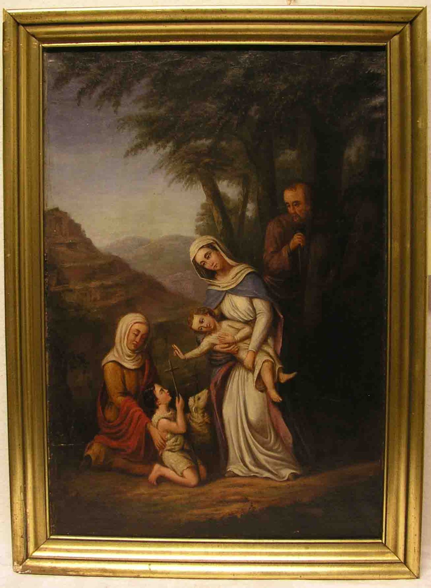 Unbekannt 19. Jh.: "Hl. Familie mit Johannes Knaben und Hl. Anna". Öl/Lwd. 87 x 54cm,Rahmen.- - -
