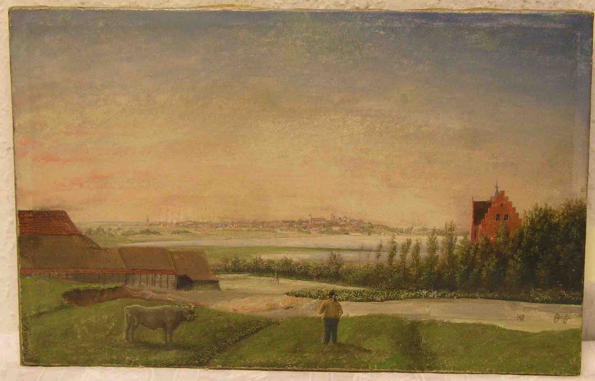 Knutzen: "Stadtrand mit Personenstaffage". Öl/Lwd., doubliert, signiert, 1850. 28 x 43cm,