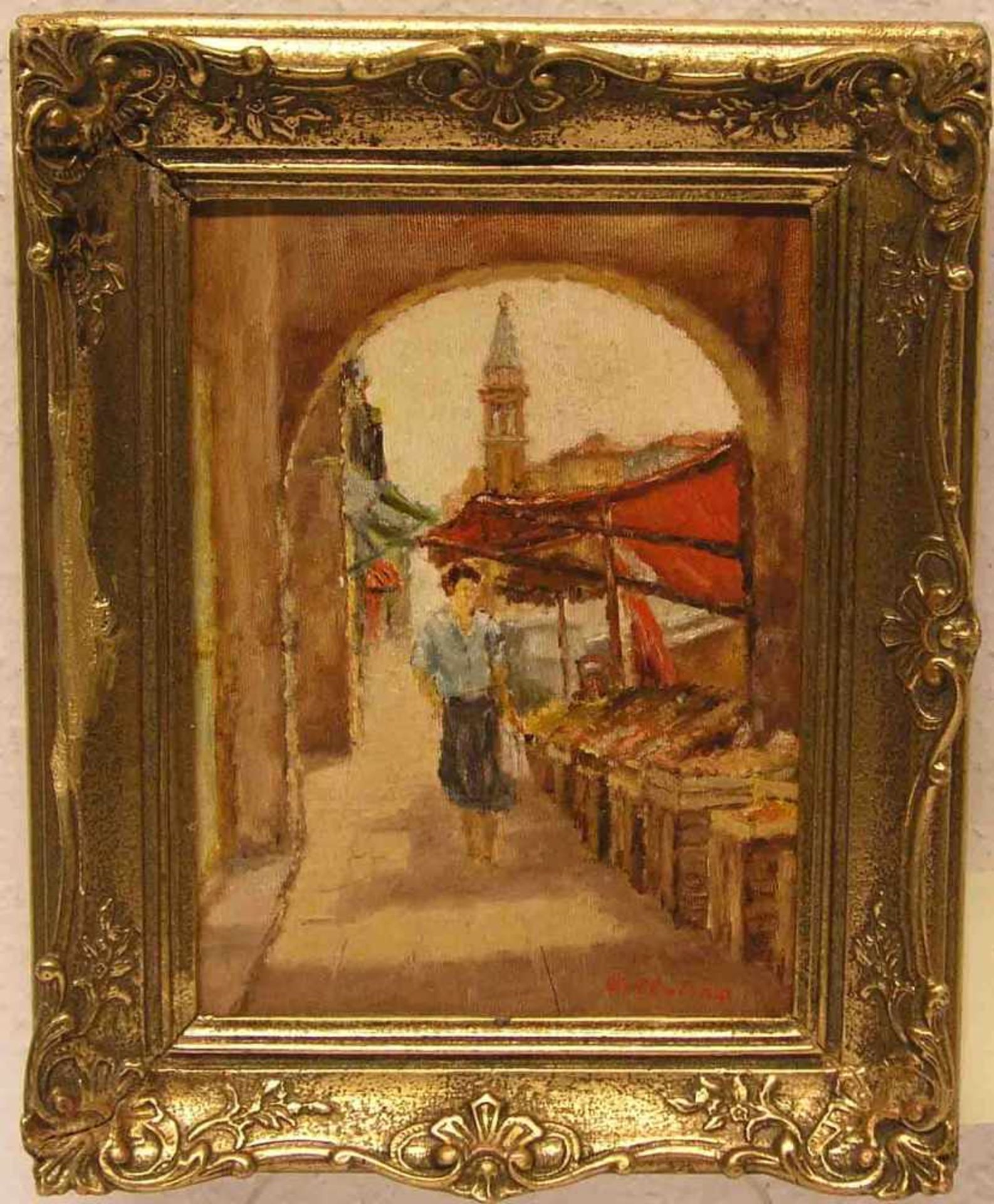 Voltolina: "Wochenmarkt in Venedig". Öl/Lwd., signiert, 24 x 18cm, Rahmen.- - -20.17 % buyer's