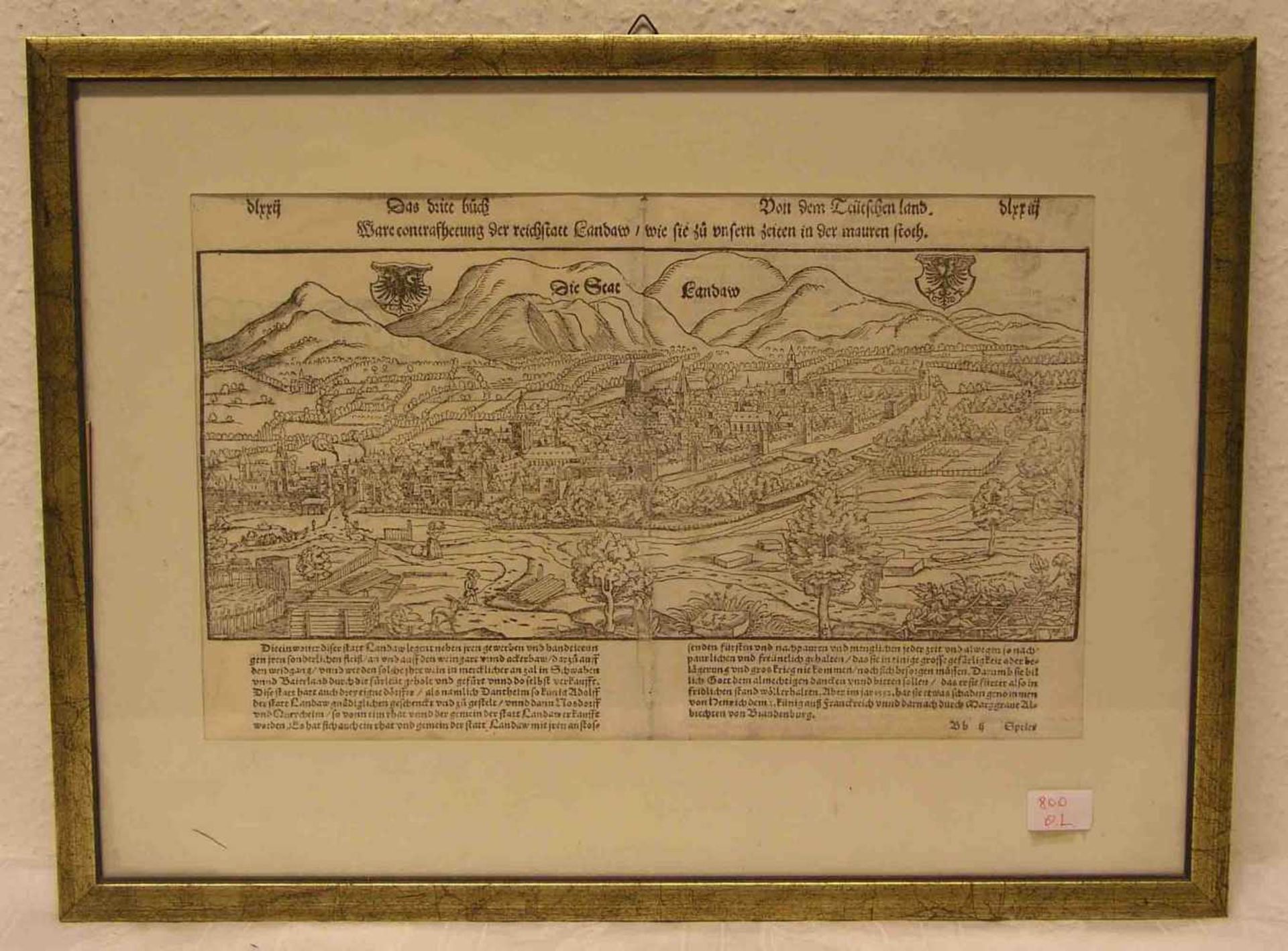 Landau "Die Stadt Landaw". Gesamtansicht, aus Sebastian Münster "Cosmographie" 1574. 24 x38cm,