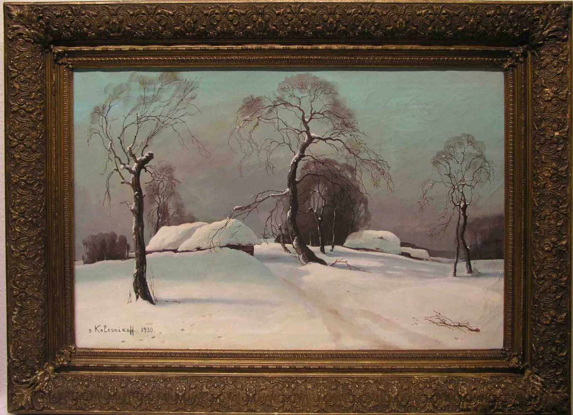 Russischer Maler: "Winterlandschaft". Öl/Lwd. Kolesnikoff zugeschrieben. 57 x 87cm,Rahmen.- - -20.17