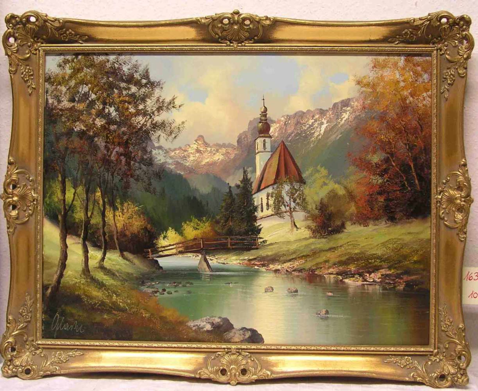 Glaßl: "Ramsau bei Berchtesgaden". Öl/Lwd., signiert, 60 x 80cm, Rahmen mit Stuckdekor.- - -20.