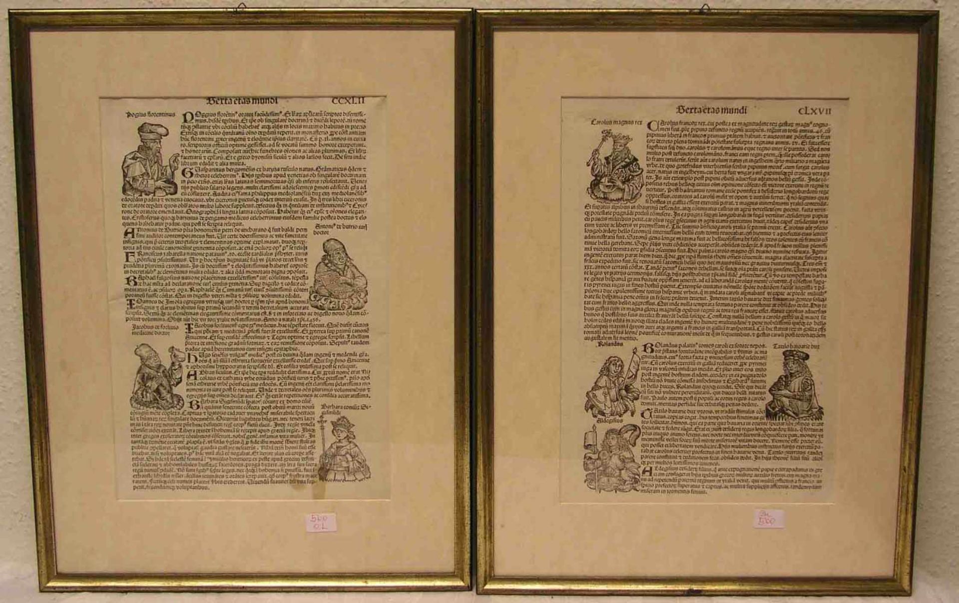 Zwei Textblätter aus einem gedruckten Buch mit Königen und Gelehrten. 16./17. Jh. 38 x26cm, Rahmen