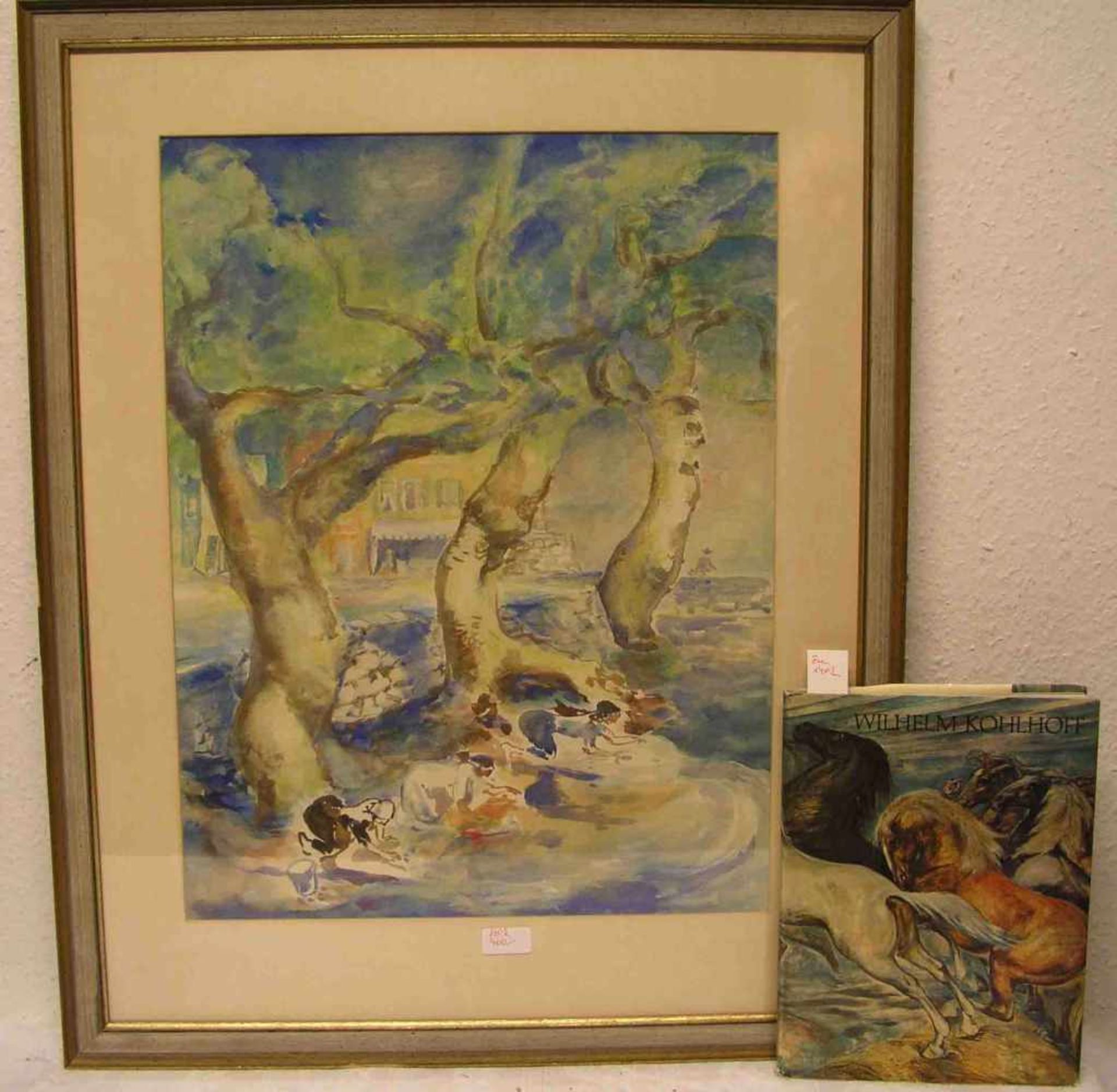 Kohlhoff, Wilhelm (1893 - 1971): "Wäscherinnen am Fluss". Aquarell, 60 x 45cm, Rahmen mitGlas. Dazu: