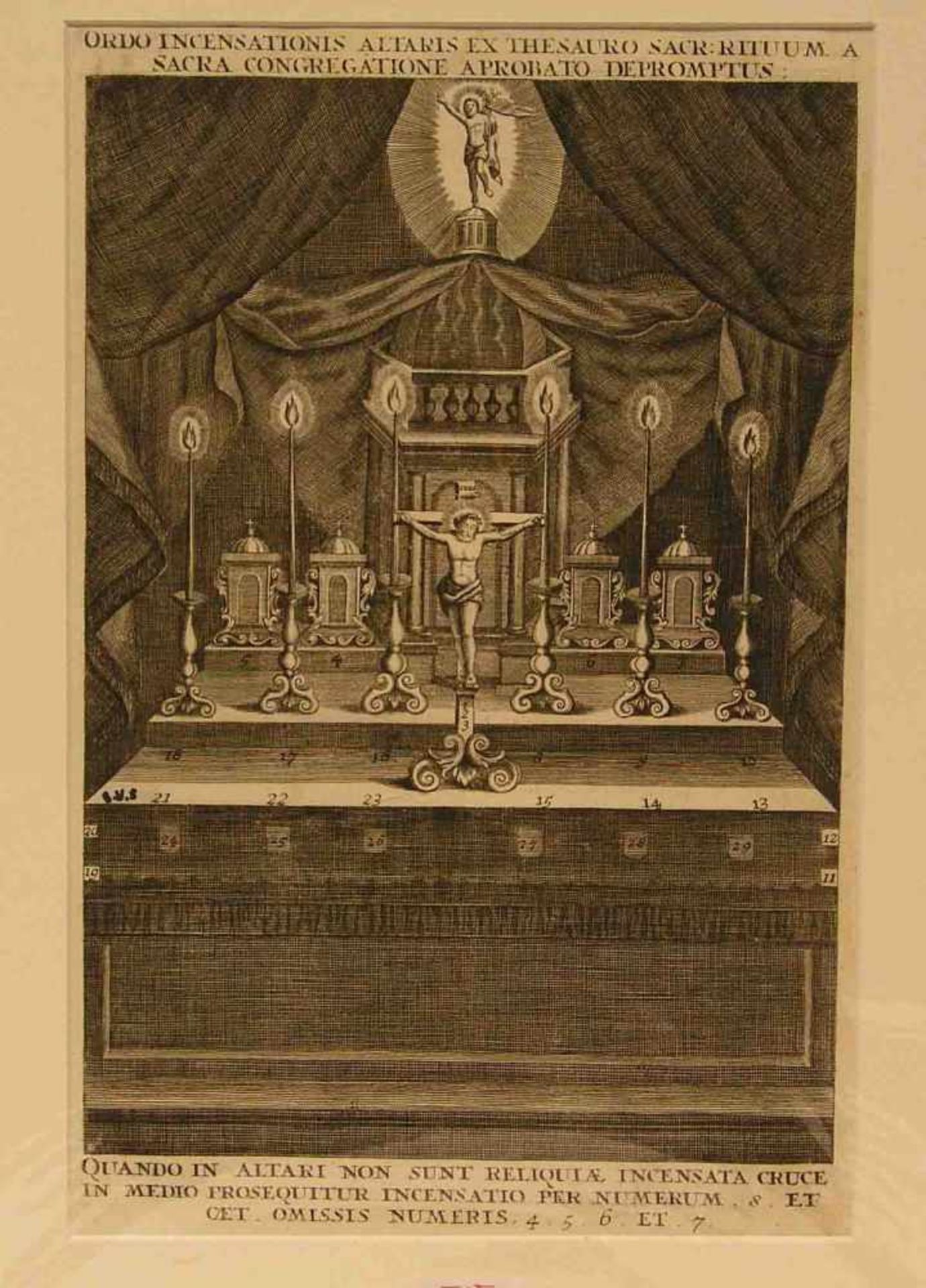 Salmusmüller: "Altar mit vier Reliquienbehältern im Kerzenschein". Kupferstich aus NovumMissale