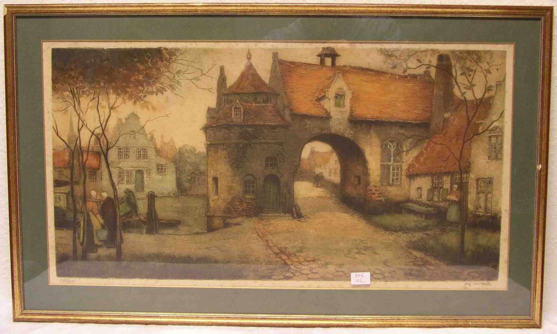 Brügge: "Stadttor mit Personenstaffage". Farbdruck, signiert, 140/150. 35 x 66cm, Rahmenmit Glas.- -