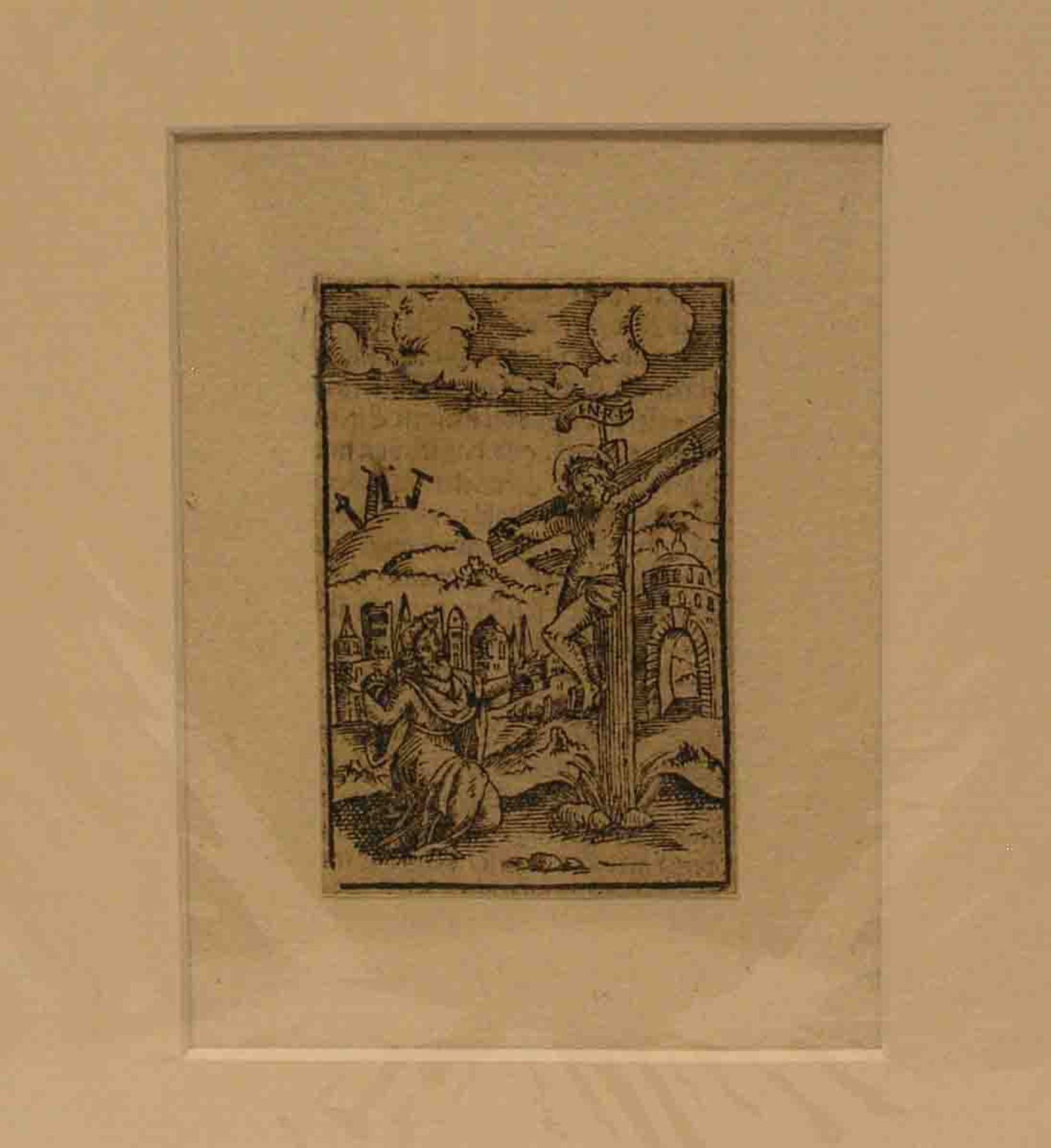 "Kreuzigung Jesu". Holzschnitt auf Bütten, 16. Jh., 8 x 5cm, Pass.- - -20.17 % buyer's premium on