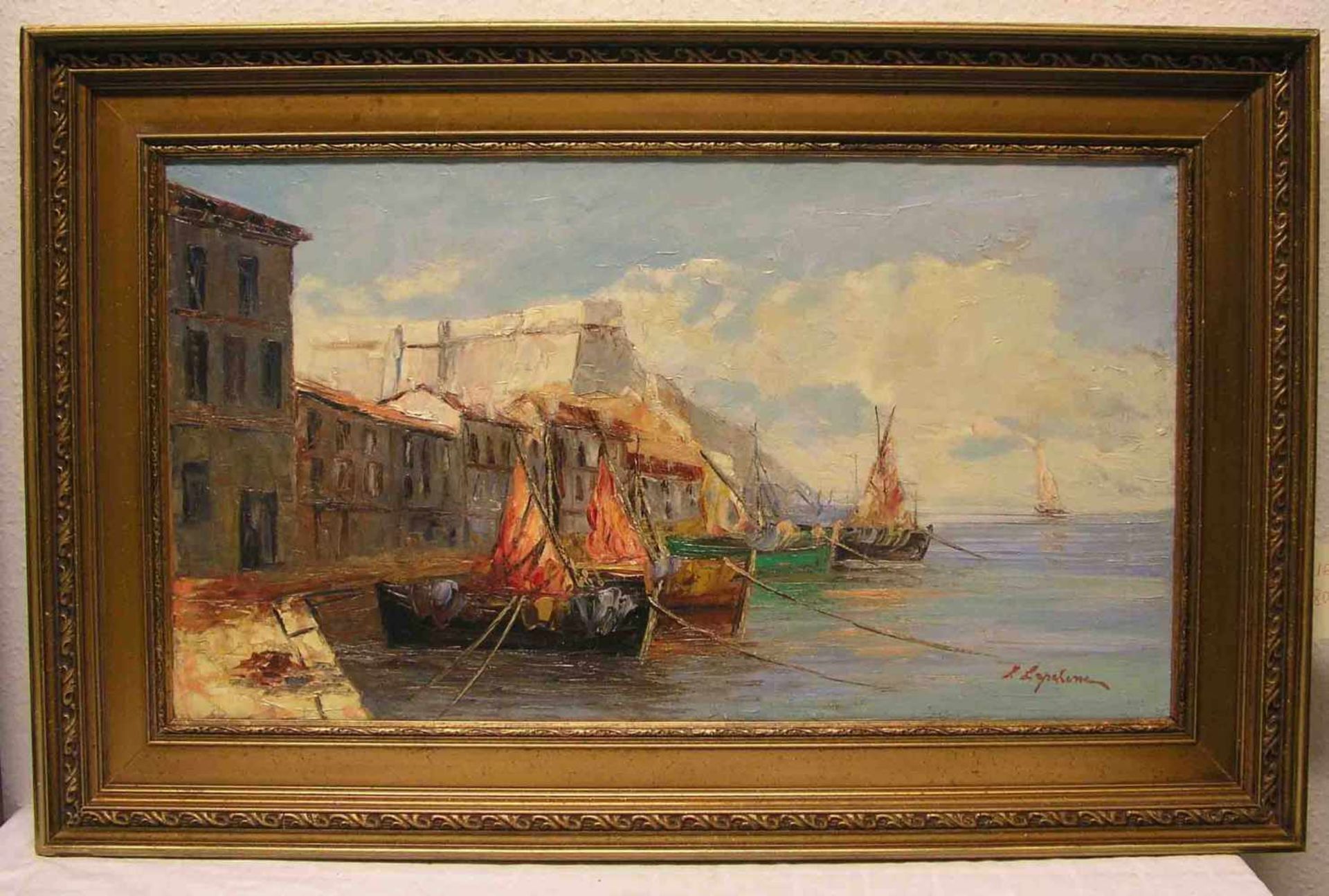 Segelboote im Hafen. Öl/Lwd., unleserlich signiert, 44 x 78cm, Rahmen.- - -20.17 % buyer's premium