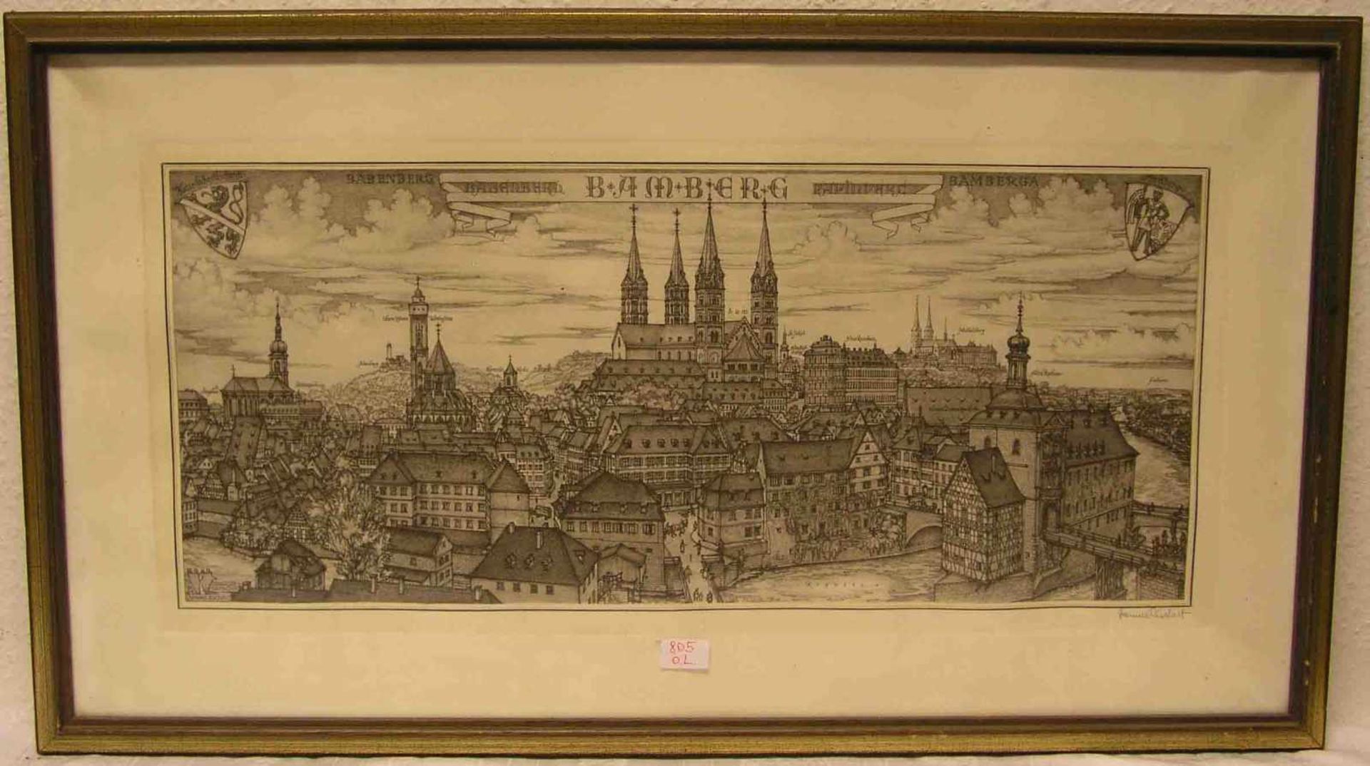 Rischart Hannes: "Bamberg". Radierung, signiert, 26 x 60cm. Rahmen mit Glas.- - -20.17 % buyer's