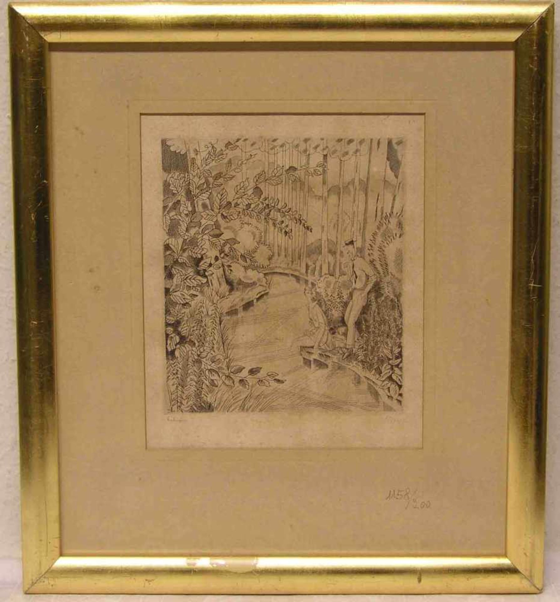 Laboureur, Jean Émile (1877 - 1943): "Pärchen am Flussufer". Stahlstich, signiert, 22 x18cm,