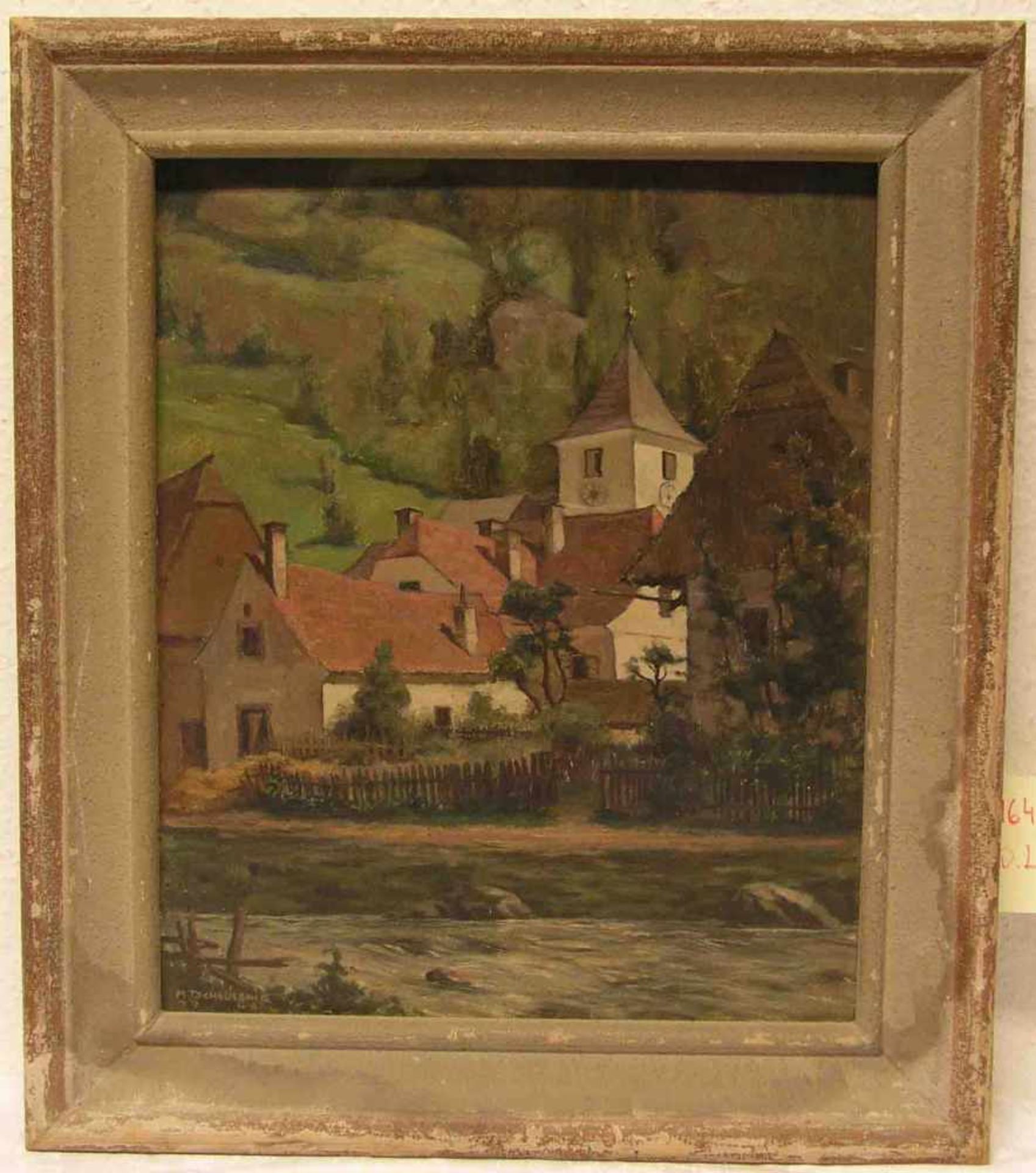 Tscheliesnig, M.: "Dorflandschaft mit Kirche". Öl/Platte, signiert, 1946, 46 x 38cm,Rahmen.- - -20.