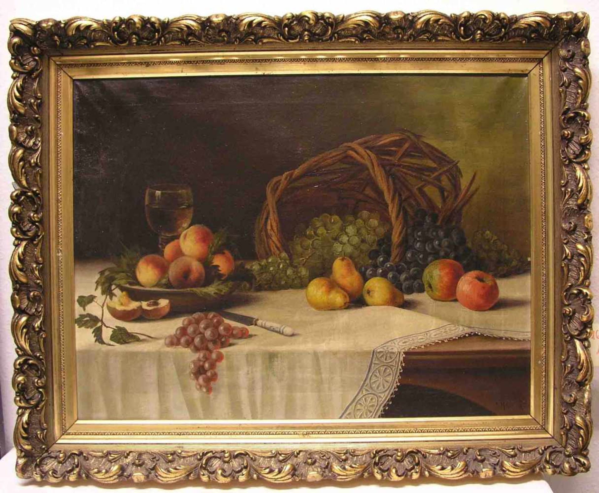 Heine: "Stillleben mit Obst". Öl/Lwd., signiert, um 1930. 60 x 80cm, Rahmen.- - -20.17 % buyer's