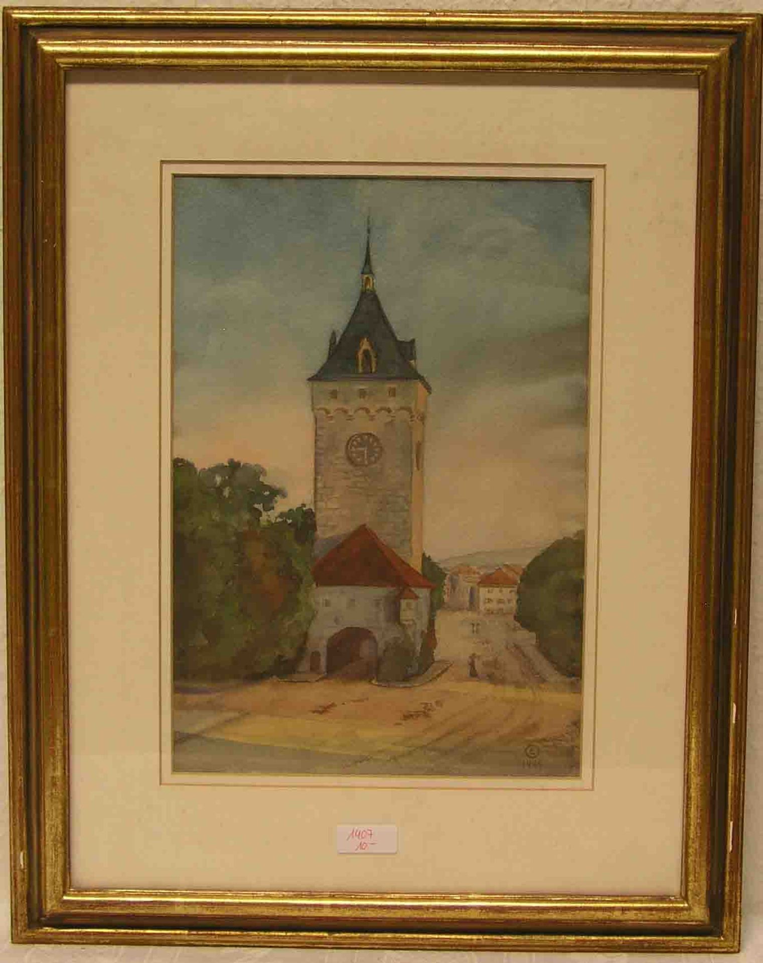 "Stadttor". Aquarell, monogrammiert "E", datiert 1909. 35 x 24cm. Rahmen mit Glas.- - -20.17 %