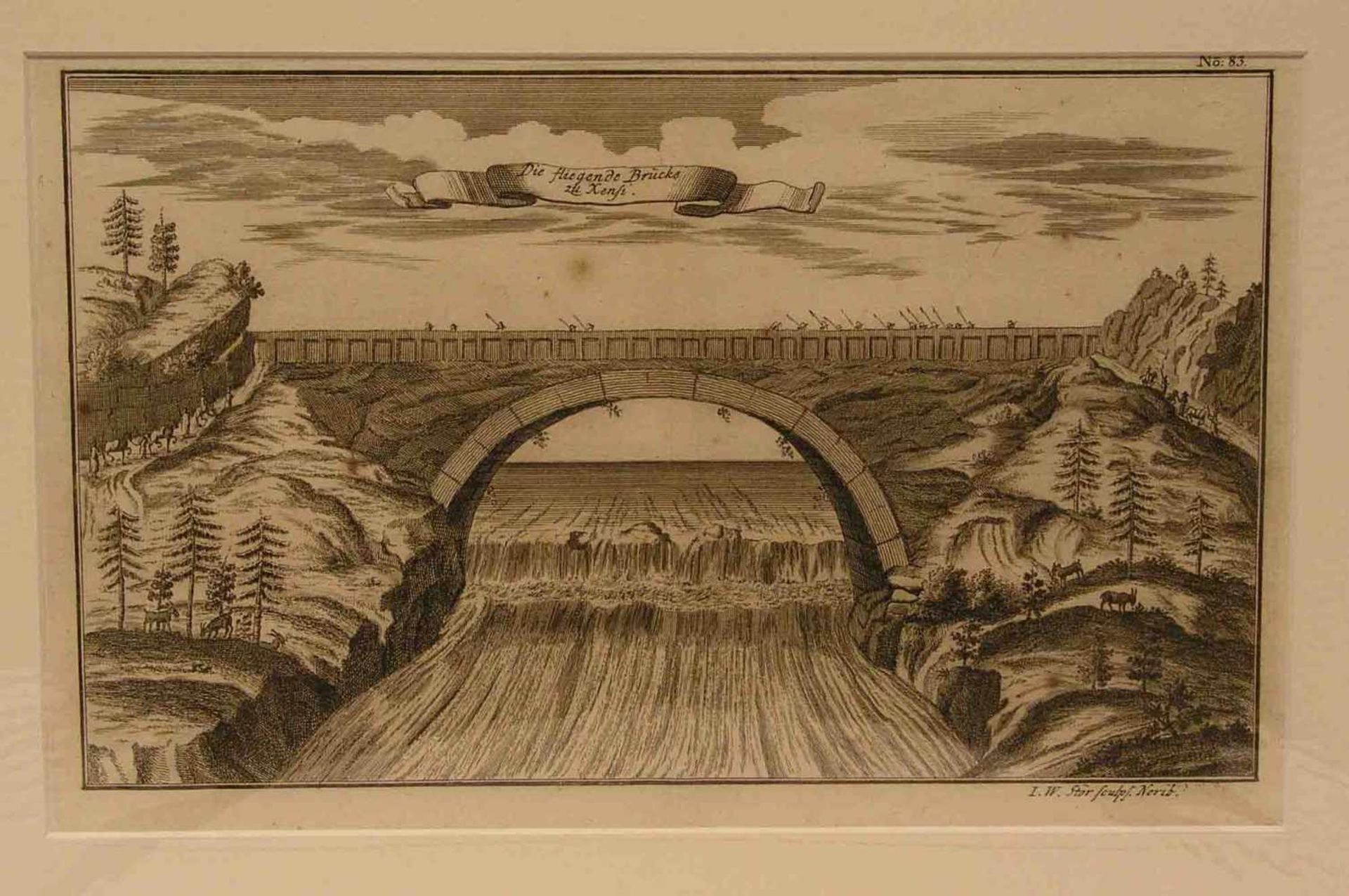 Stör, J. W.: "Fliegende Brücke zu Kensi - Hängebrücke in Jiangxi/China". KupferstichLeipzig 1735. 17