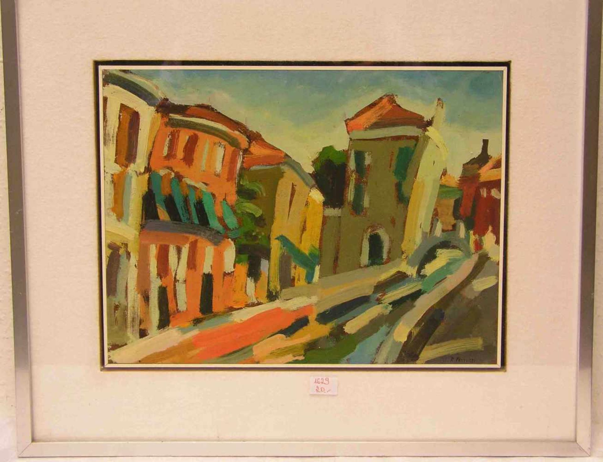 Ferruzzi Roberto (1927 - 2010): "Stadttor". Öl/Pressspan, signiert, 30 x 40cm, Rahmen mitGlas.- - -