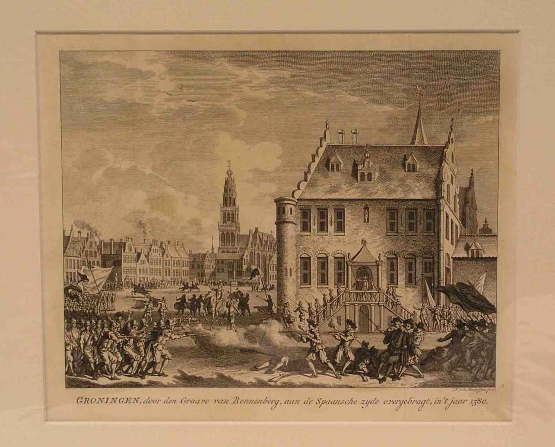 Groningen - Gefecht auf dem Marktplatz im Spanisch-Niederlämdischen Krieg 1580.Kupferstich um 1750