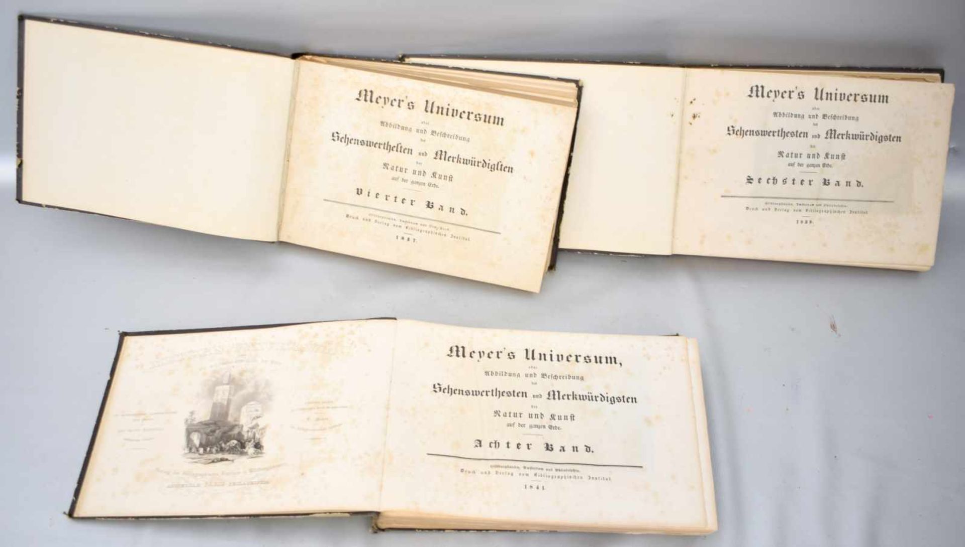 Meyers Universumdrei Bücher, mit Stahlstichen von 1837, 1839 und 1841, verschiedene Bände