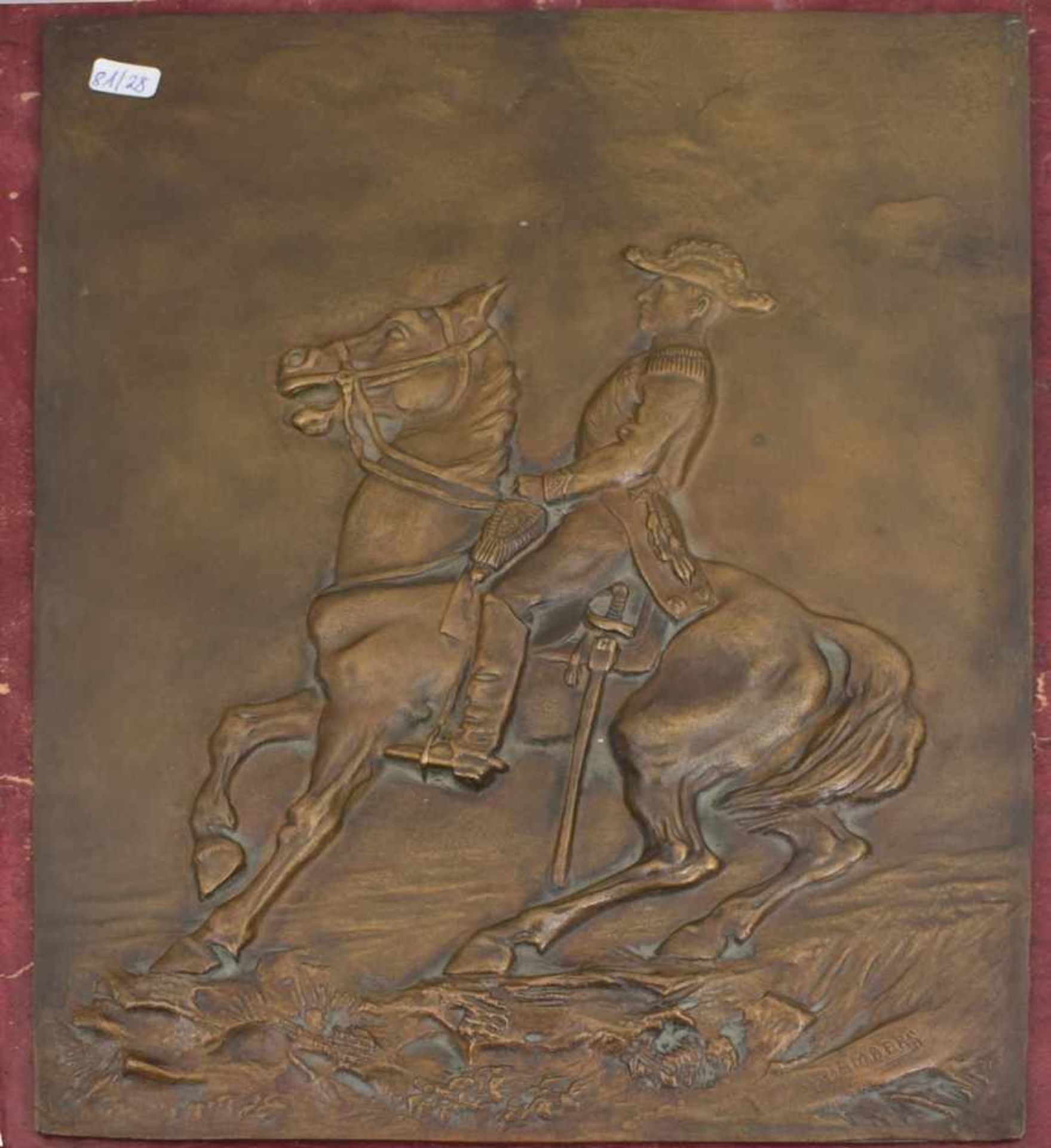 BronzeplatteHalbrelief, Reiter zu Pferd, u.r.sign., L. Jambers, 26 X 35 cm, im originalen Etui, um