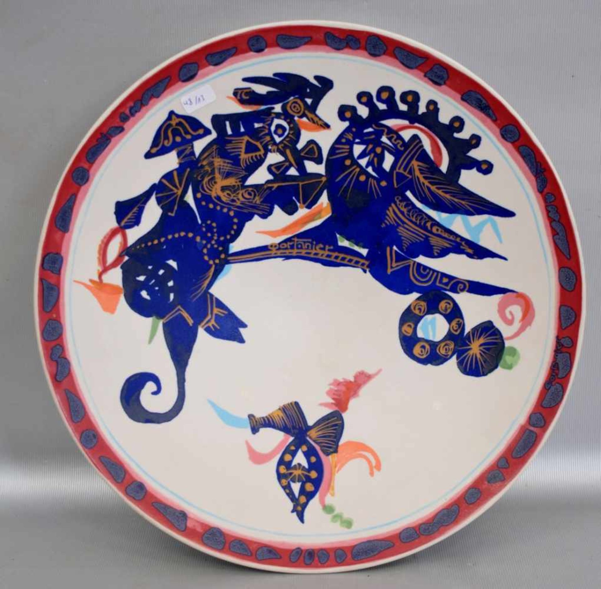 Aufsatzschalerund, mit blauen und bunten Motiven, H 7 cm, Dm 29 cm, FM Rosenthal