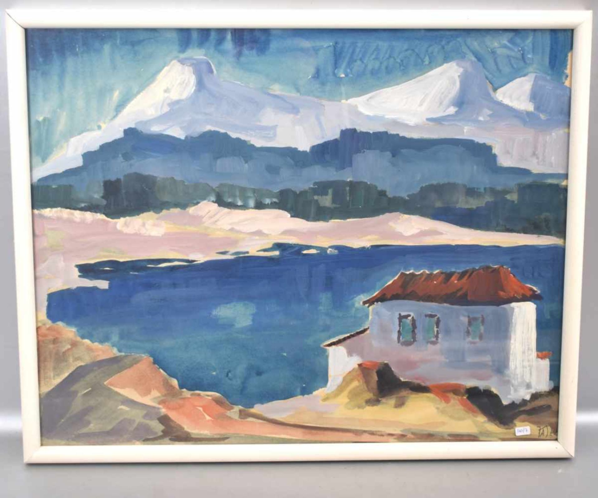 AquarellSüdländische Landschaft mit See und altem Haus, im Hintergrund Gebirge, u.r.monogr. HA (