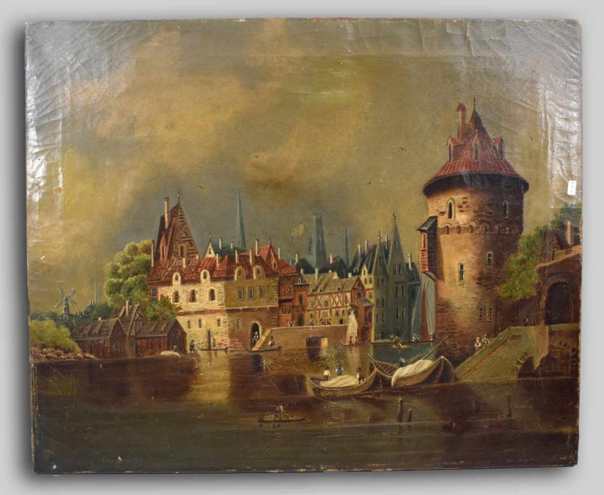 Unbekannter Maler19. Jh., Teilansicht einer holländischen Stadt mit rundem Turm, im Vordergrund
