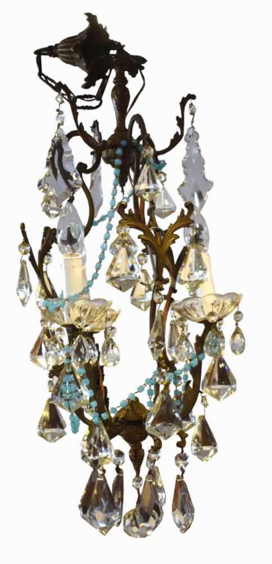 Deckenlampe2-lichtig, Messing, verziert, mit farbl. Glasgehänge, H ca. 90 cm