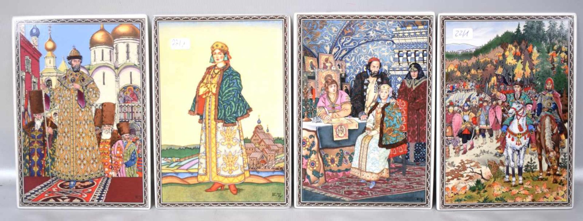 Vier PorzellanbilderDie Krönung des Zaren, im Palast des Zaren und Tatiana, 12 X 17 cm, FM