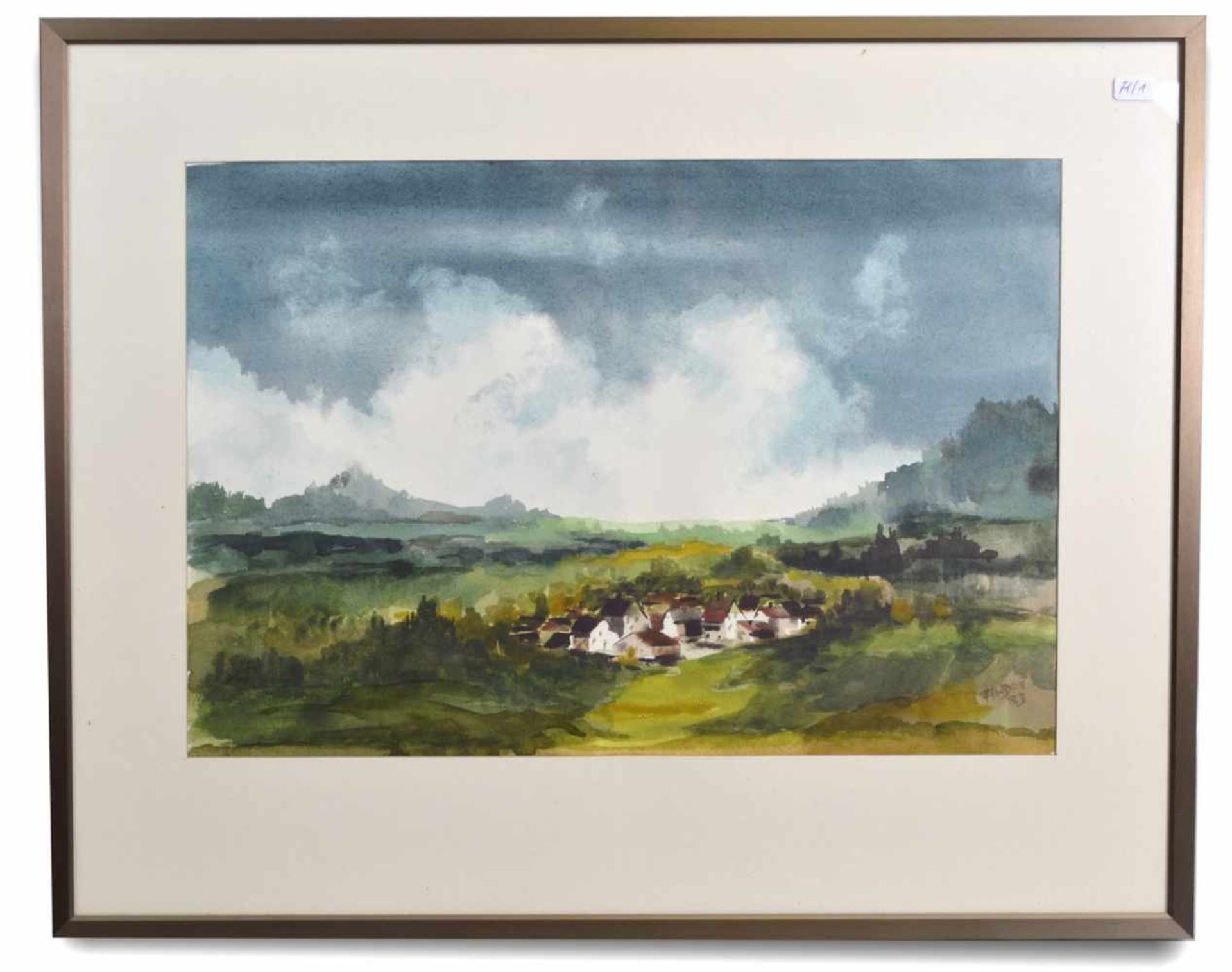 AquarellAnsicht eines Dorfes bei aufziehendem Gewitter, u.r.sign. Andre und dat. 83, 27 X 39 cm,