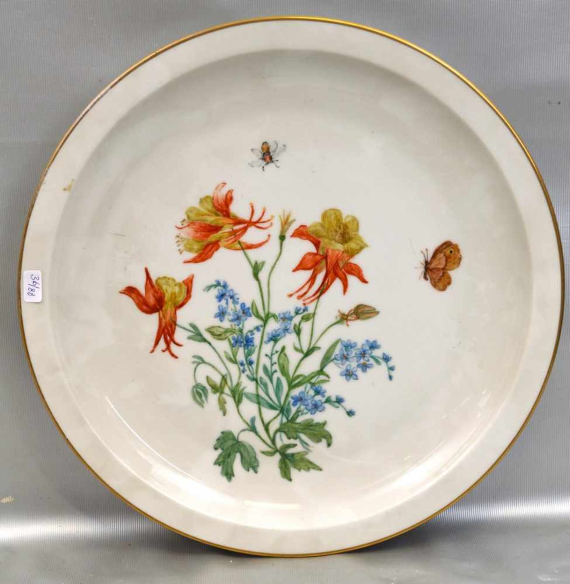 Kuchenplatterund, Goldrand, Spiegel mit bunter Blumen- und Insektenbemalung, Dm 30 cm, FM