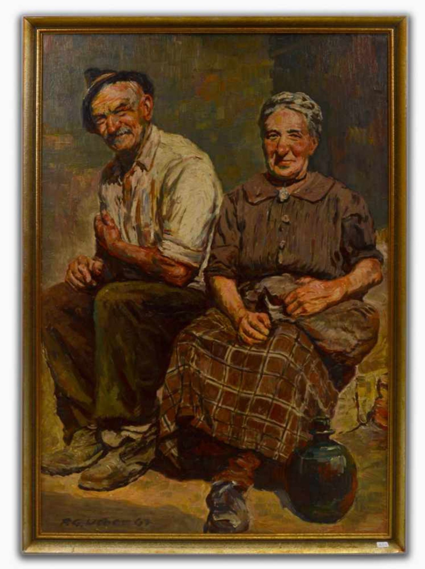 Paul Gottlieb Daniel Weber1823 Darmstadt-1916 München, sitzendes altes Bauernpaar mit Krug, Öl/