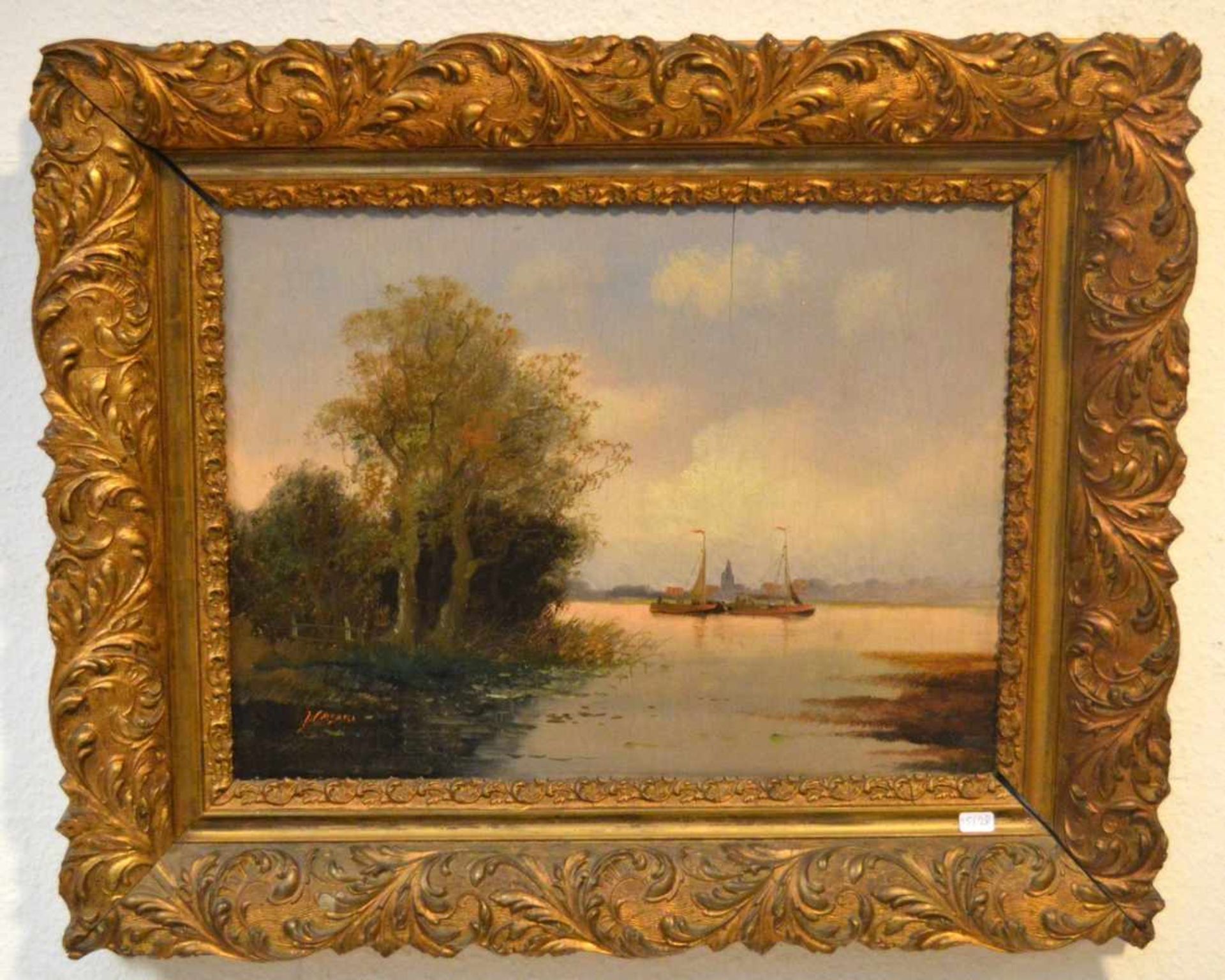 Unbekannter Malerum 1900, niederländische Flusslandschaft mit Blattschiffen, Öl/Holz, u.l.sign.,