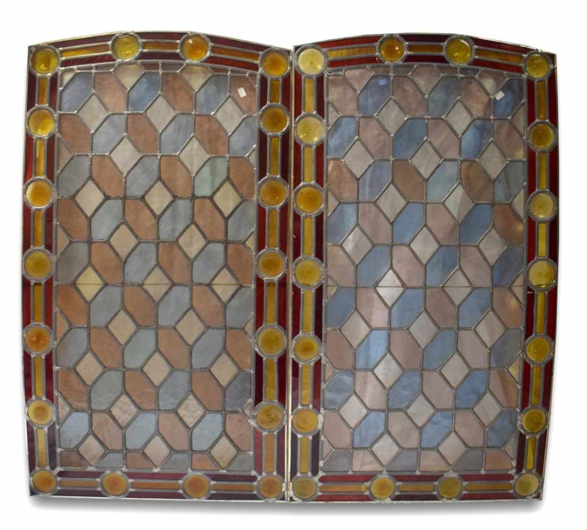 Zwei Bleiverglasungenrechteckig, mit bunten runden Scheiben, H 96 cm, B 54 cm, um 1900