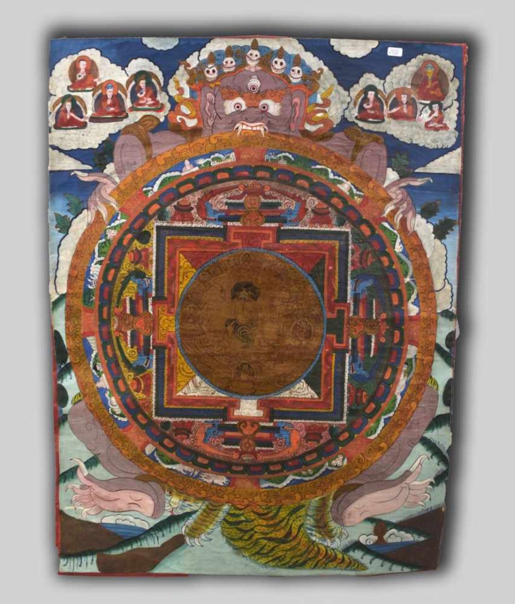 ThankaÖl/Lwd., mit asiatischen Ornamenten und figürlichen Darstellungen, ohne Rahmen, 50 X 68 cm,